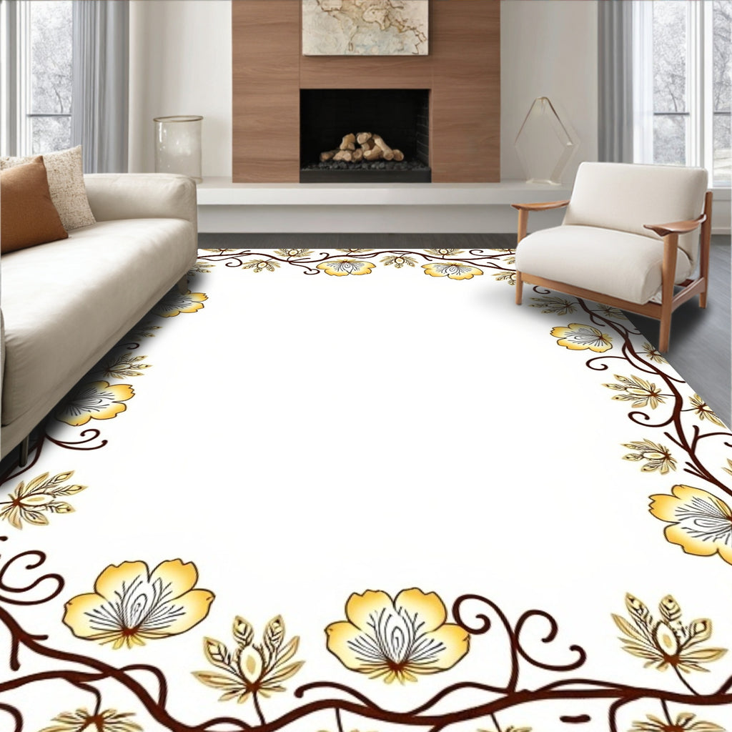 Golden Yellow Floral Vine Border Rug