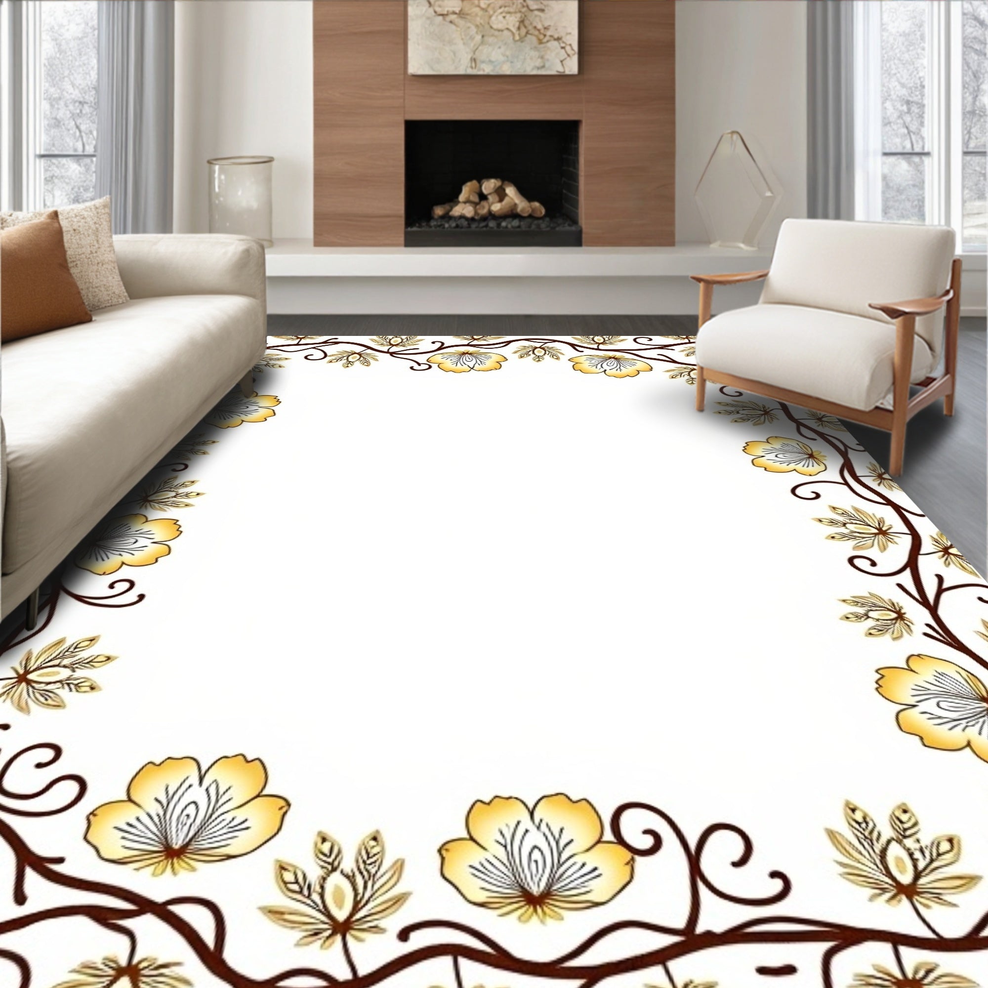 Golden Yellow Floral Vine Border Rug