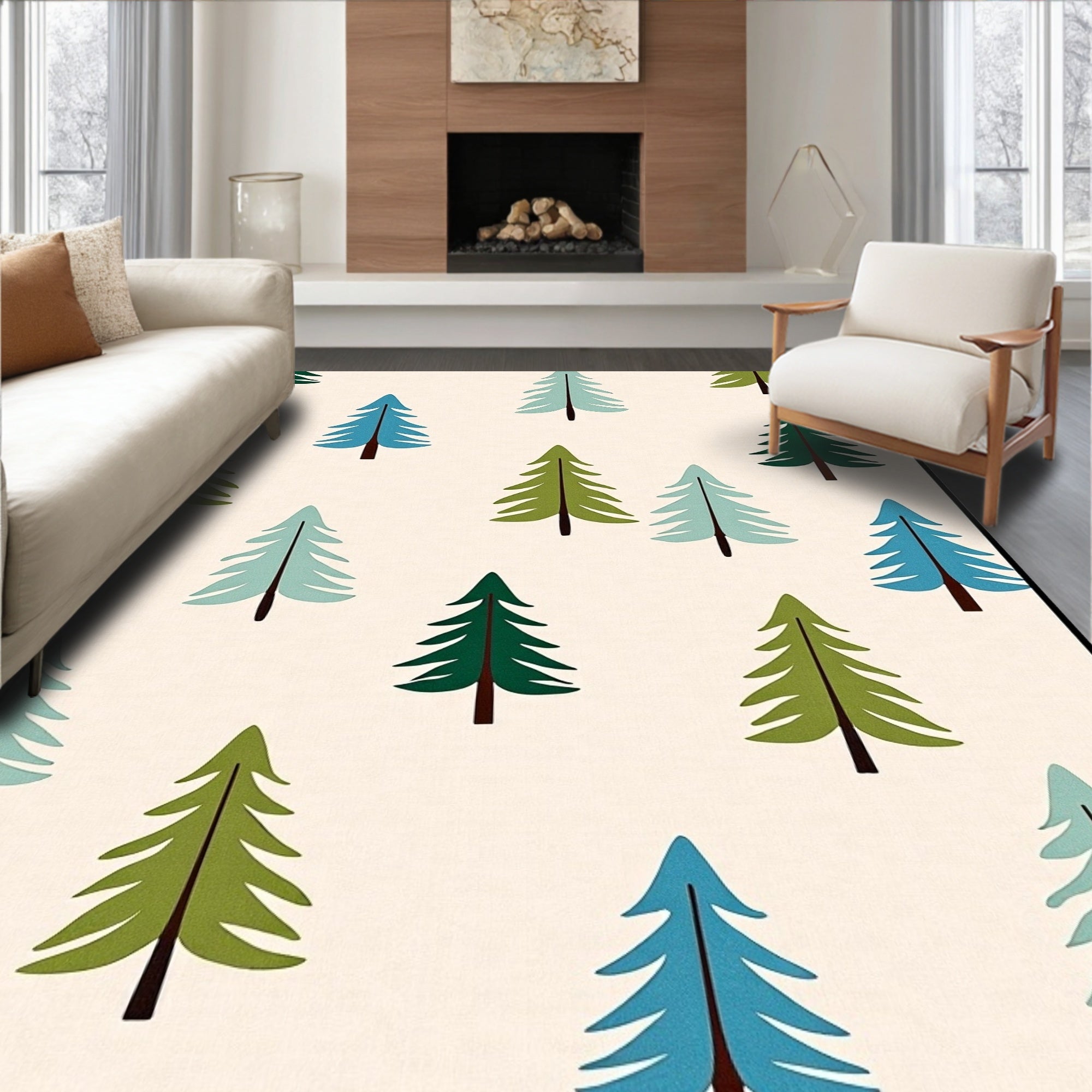 Evergreen Forest Trees On Cream Rug