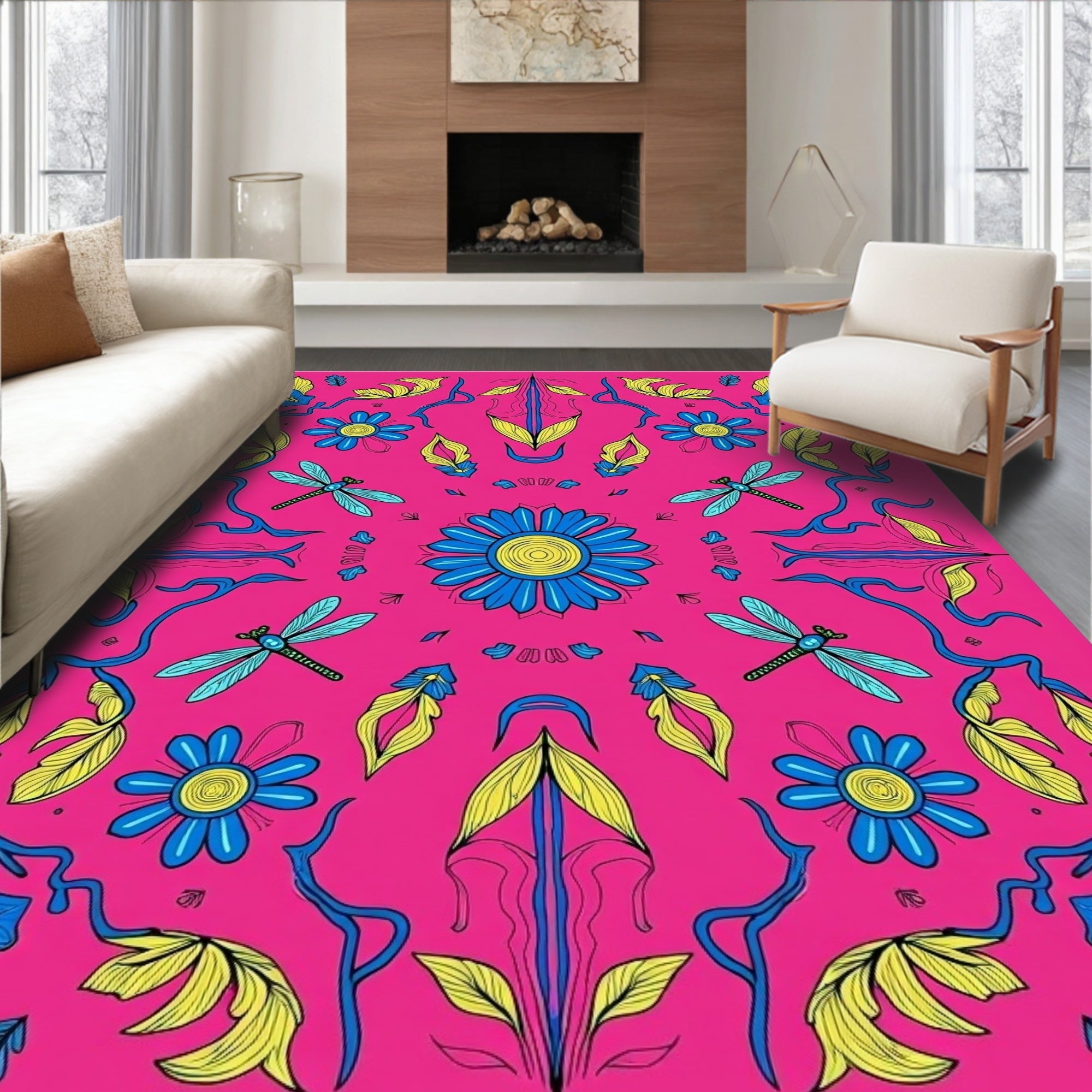 Vibrant Blue Dragonfly Floral Meadow Rug
