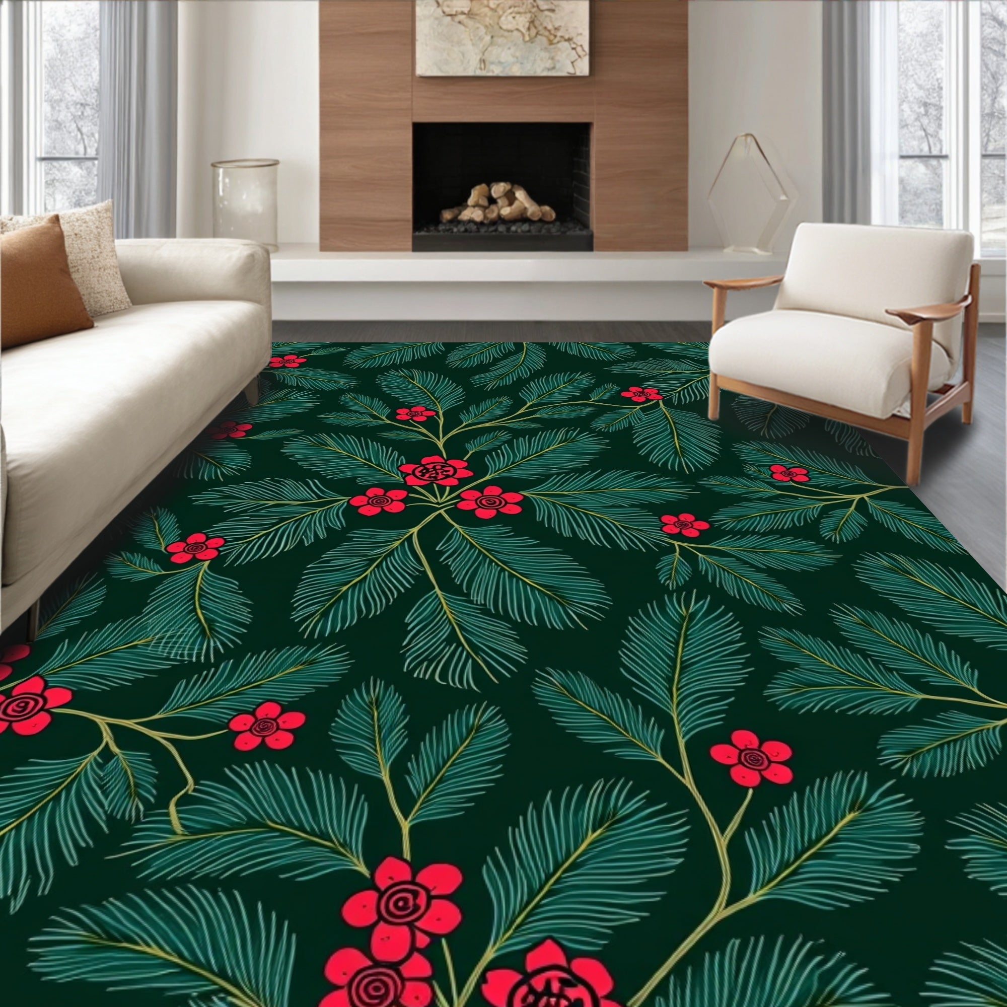 Deep Green Red Floral Leaf Botanical Rug