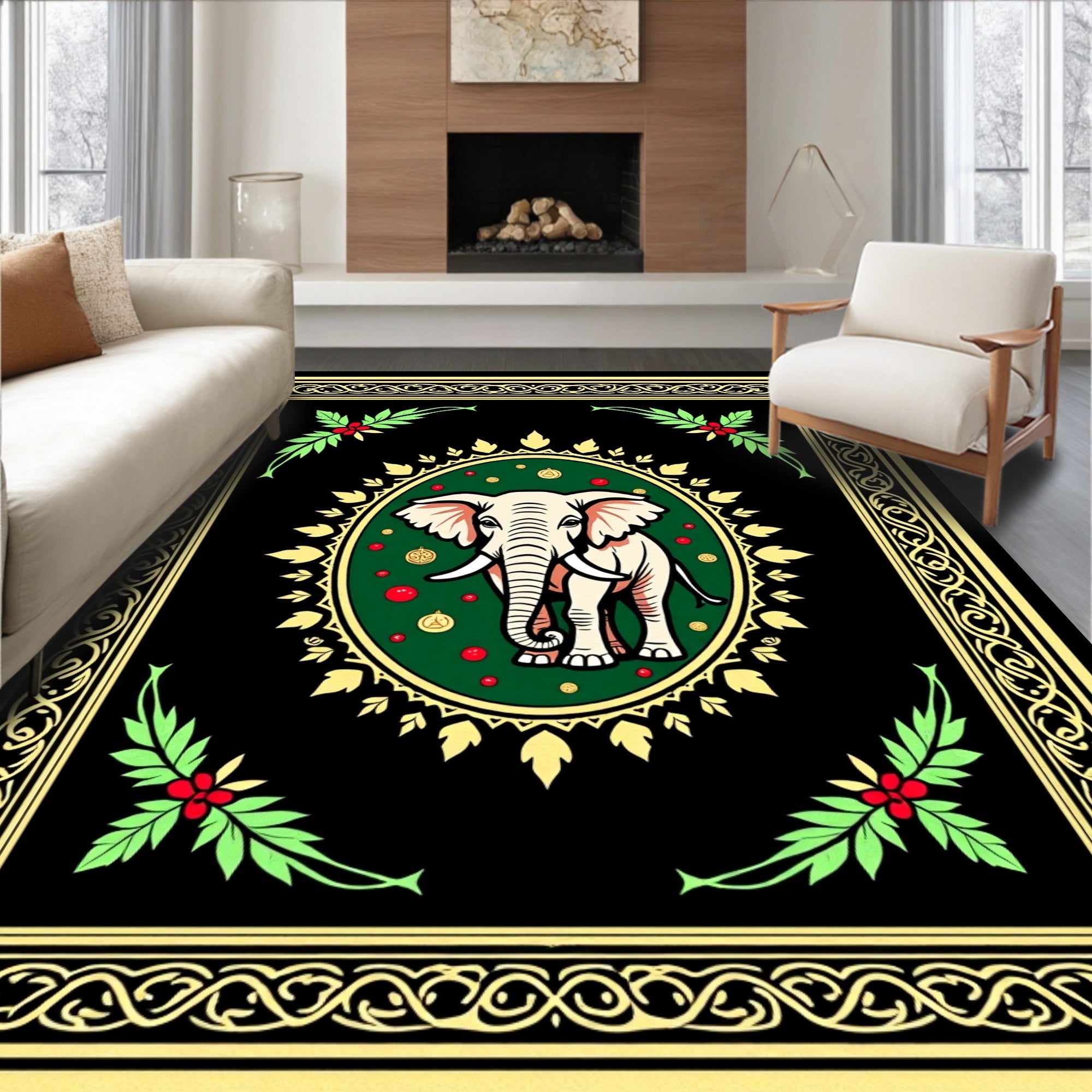 Elegant Ivory Elephant Festive Green Oval Rug