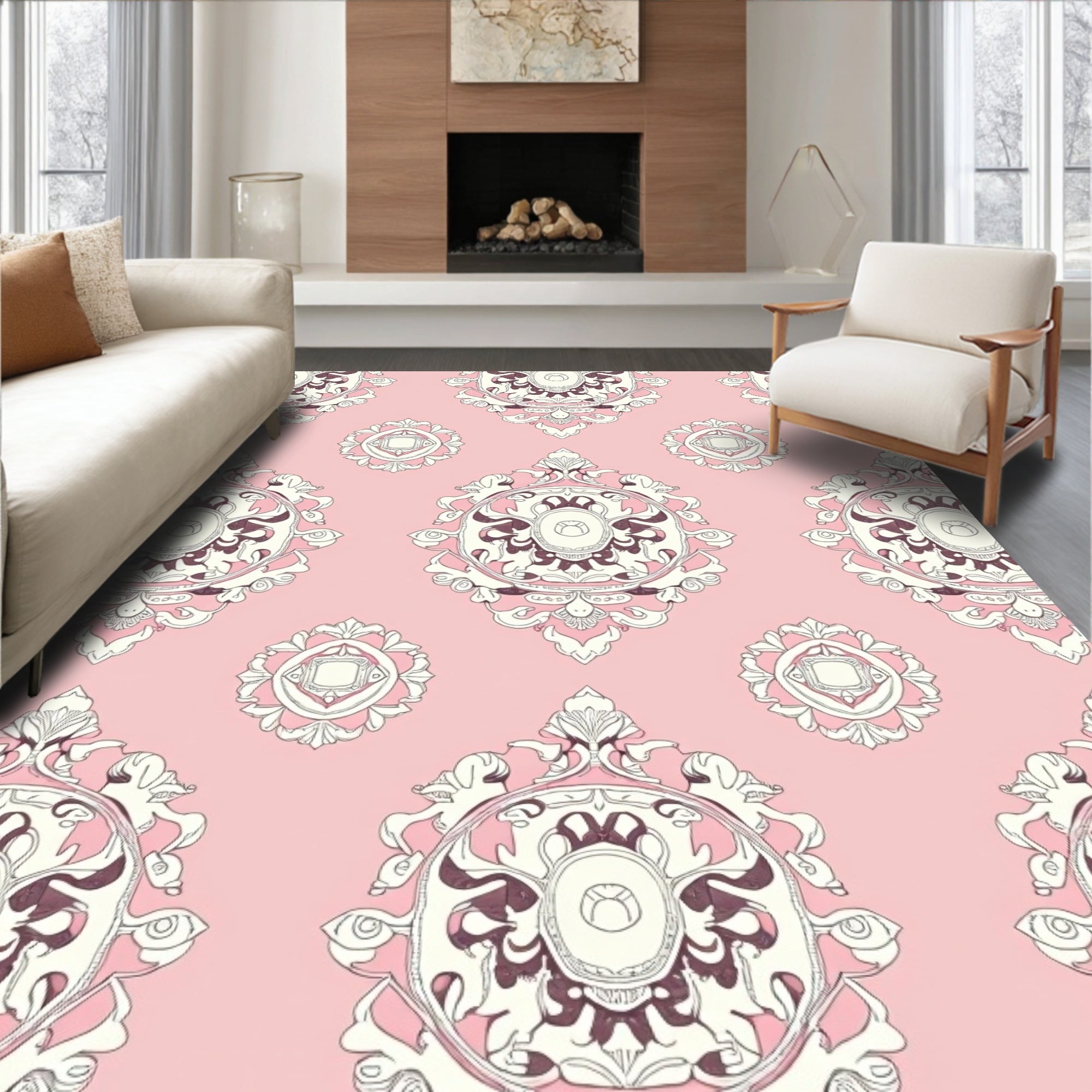 Pink Cream Intricate Medallion Rug