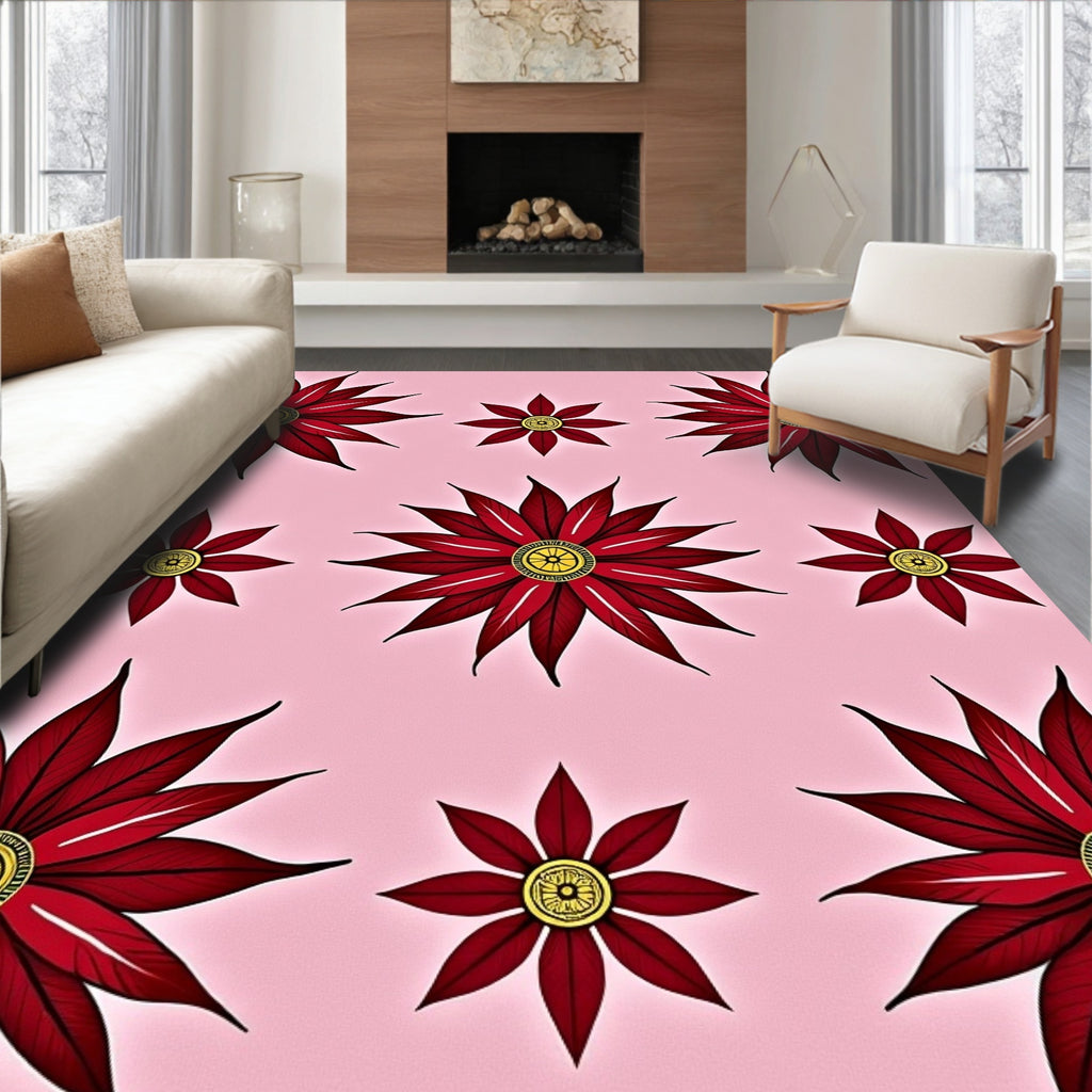 Crimson Leafy Flower Medallion Rug