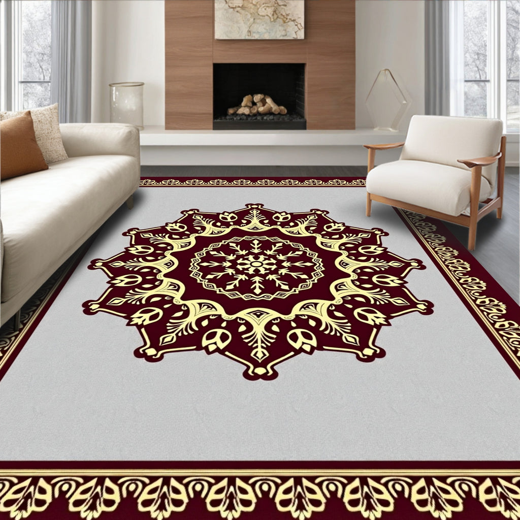 Deep Red and Gold Medallion Mandala Rug