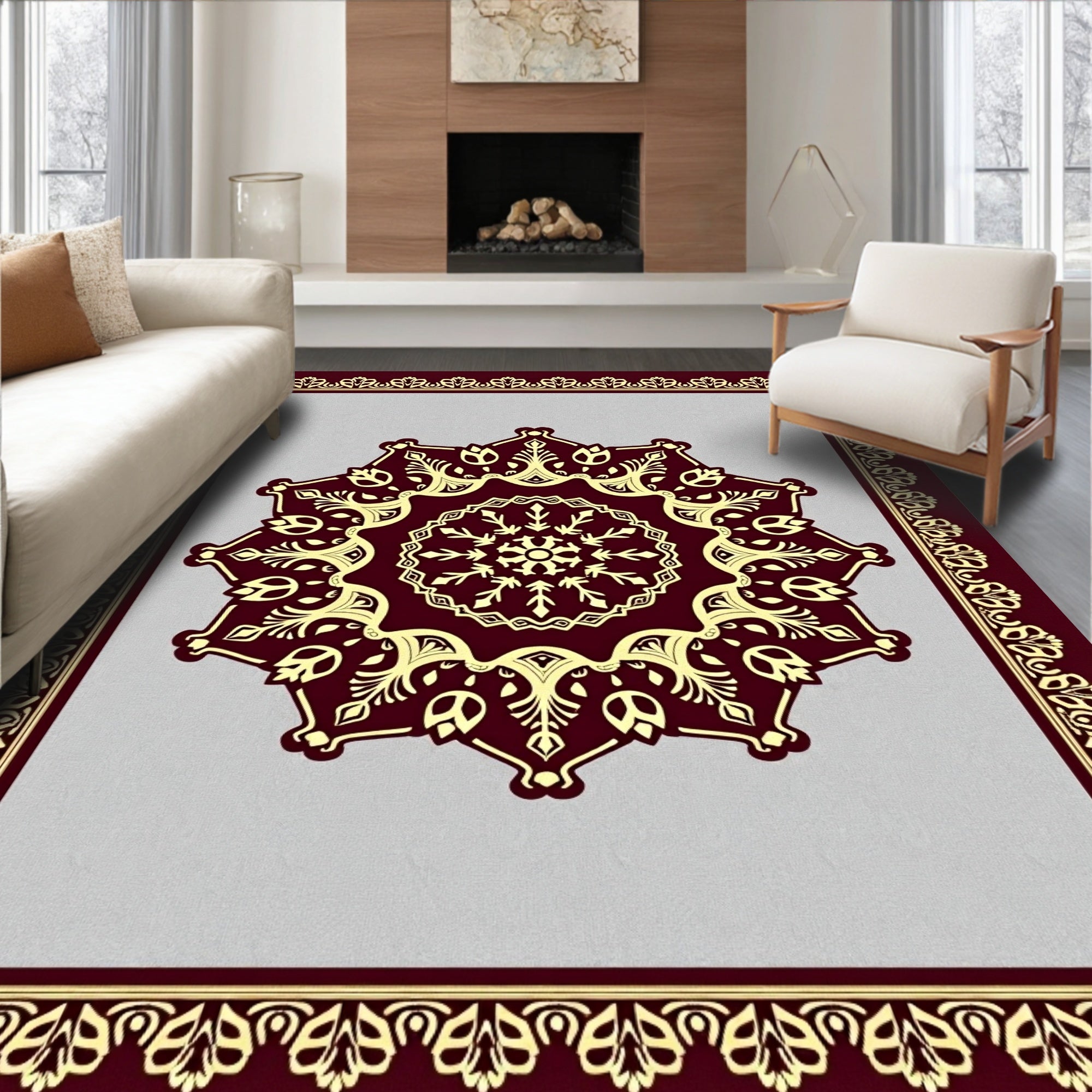 Deep Red and Gold Medallion Mandala Rug