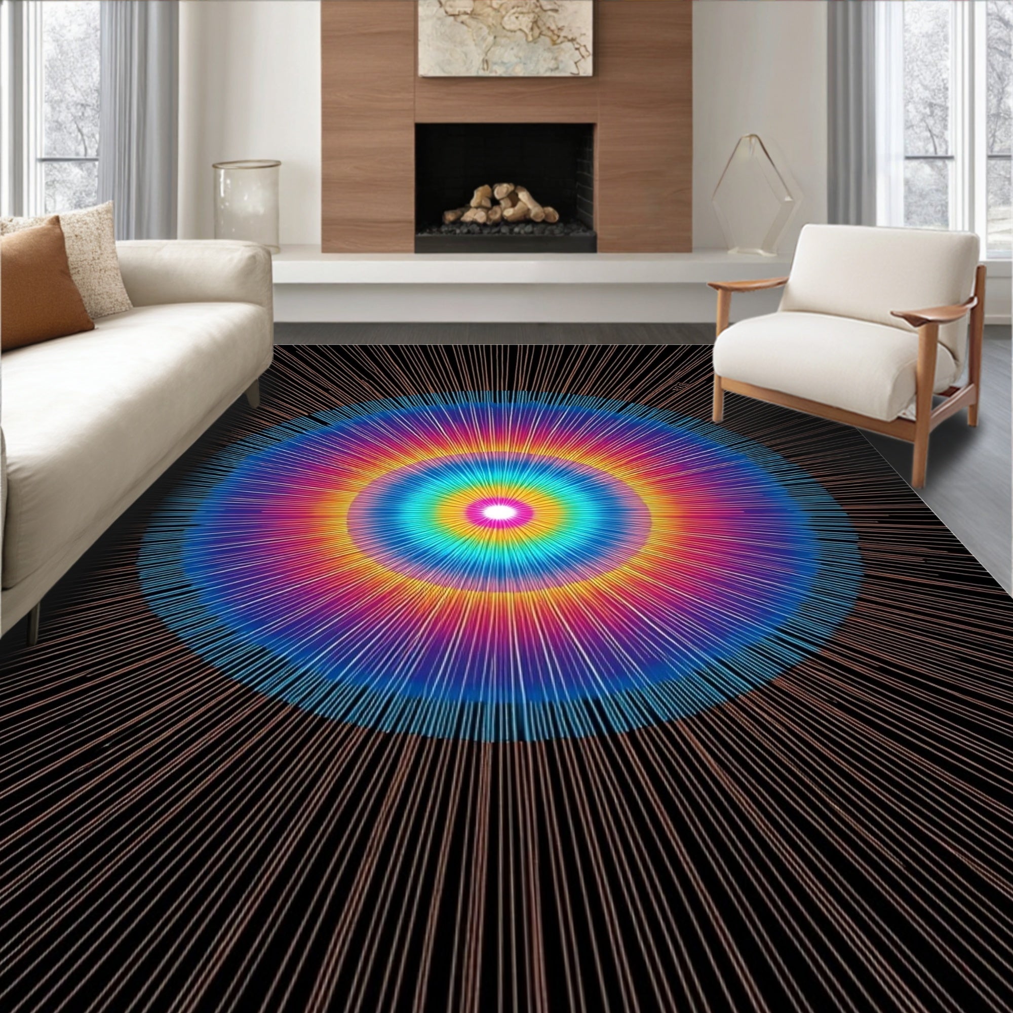 Vibrant Radial Rainbow Burst Rug