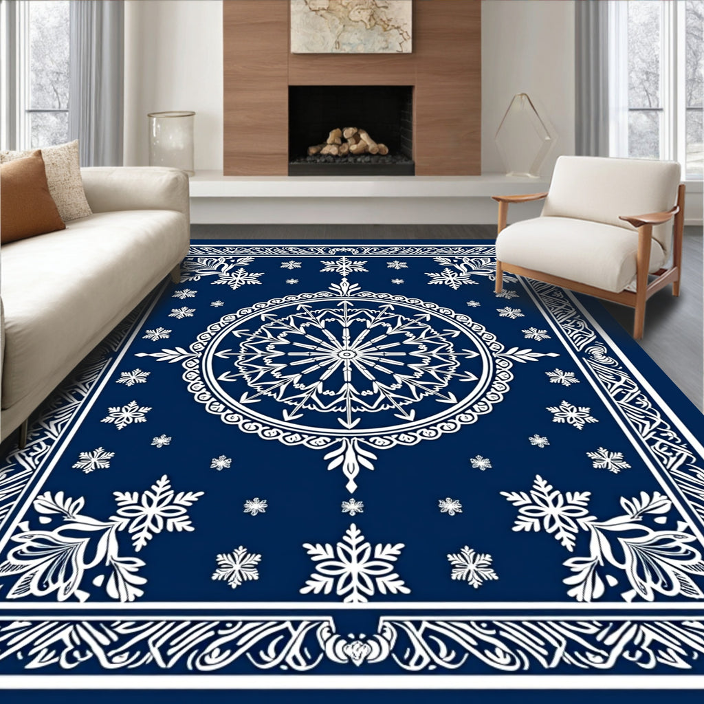 Deep Blue Snowflake Mandala Medallion Rug