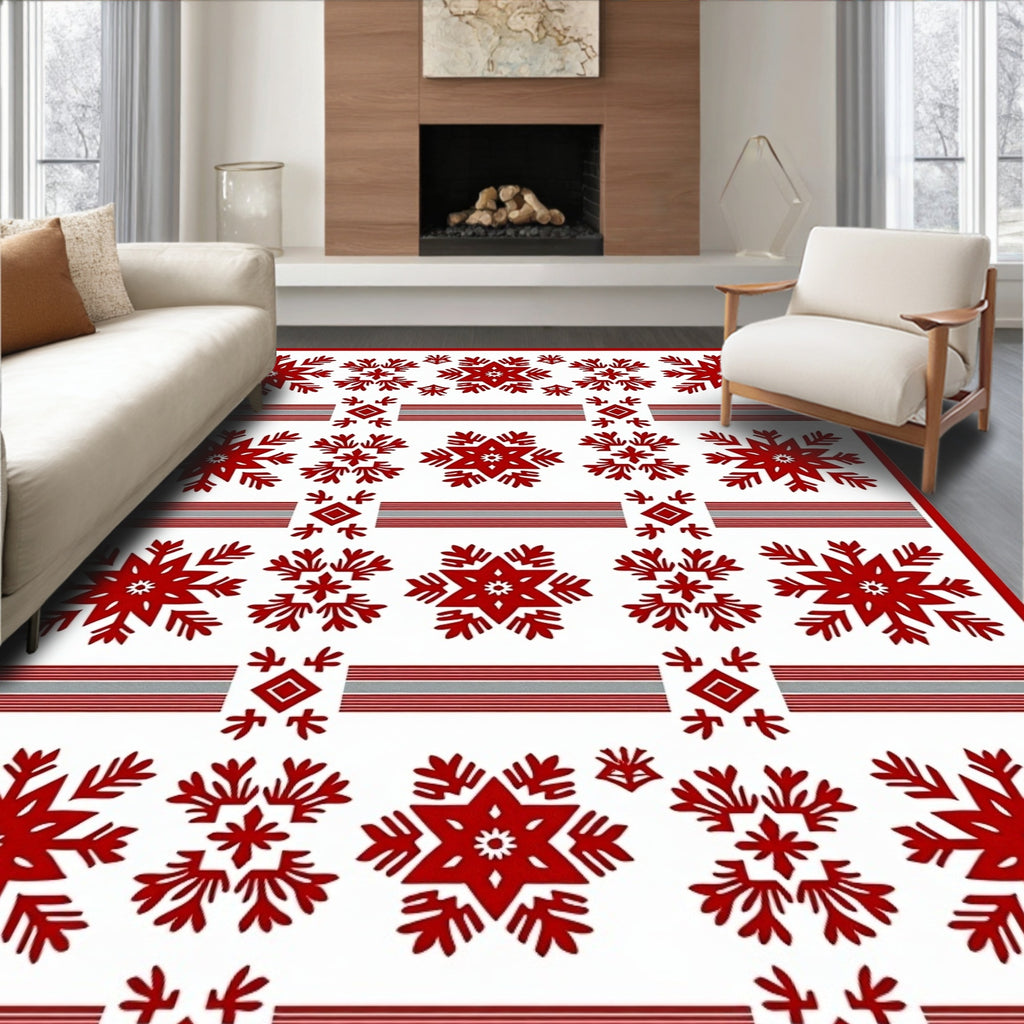 Crimson Snowflake Star Stripes Rug