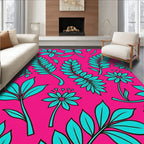Hot Pink Teal Tropical Leaf Flowers Rug
