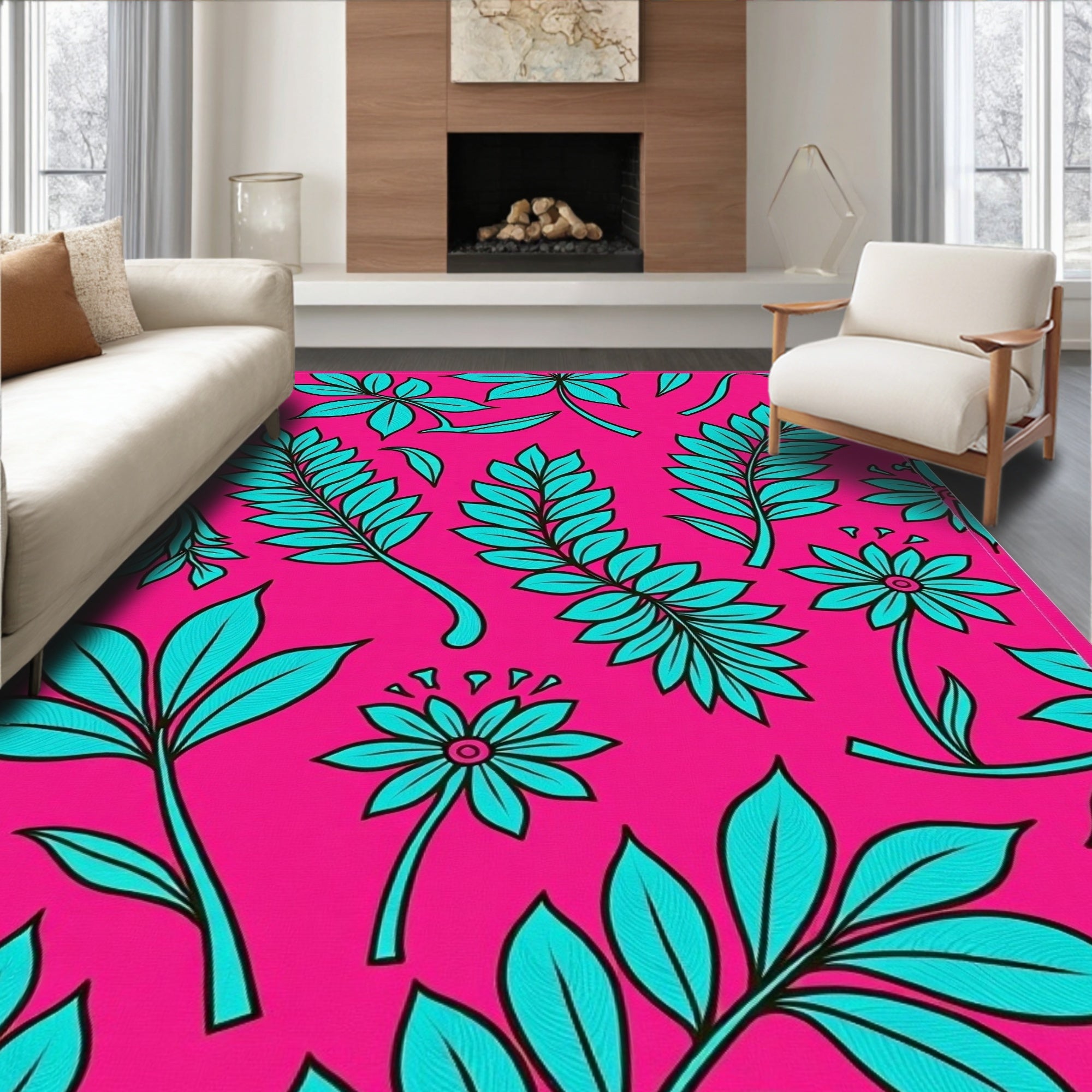 Hot Pink Teal Tropical Leaf Flowers Rug