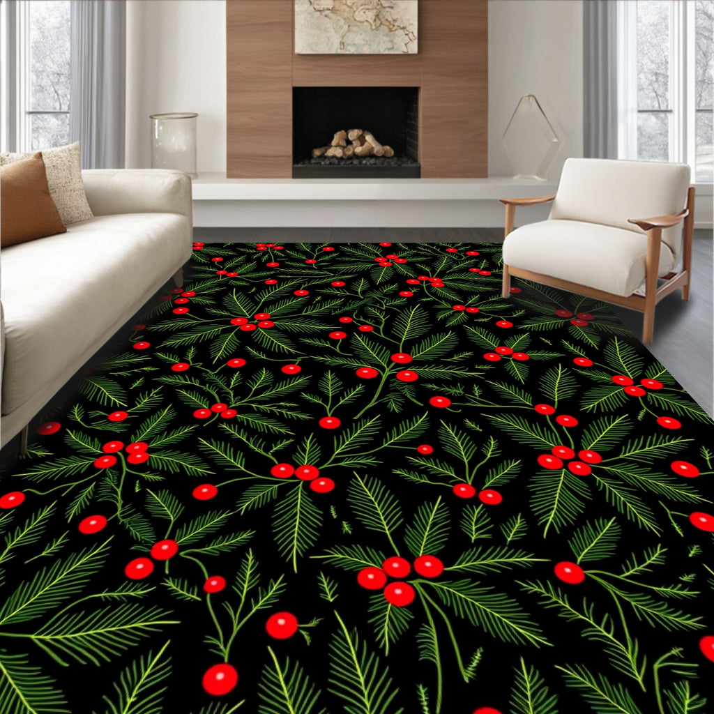 Emerald Green Holly Berry Vines Rug
