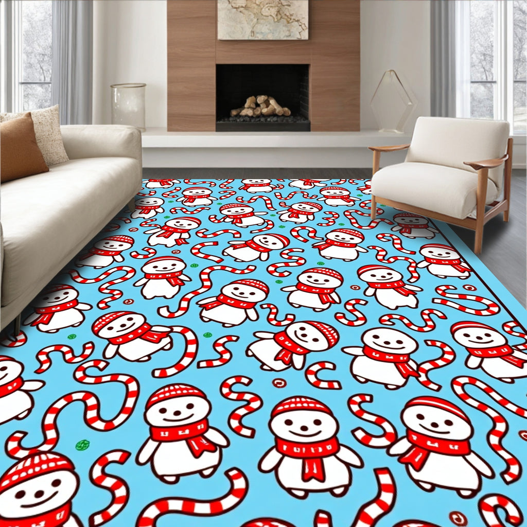 Cute Snowman Red Scarf Candy Cane Background Rug