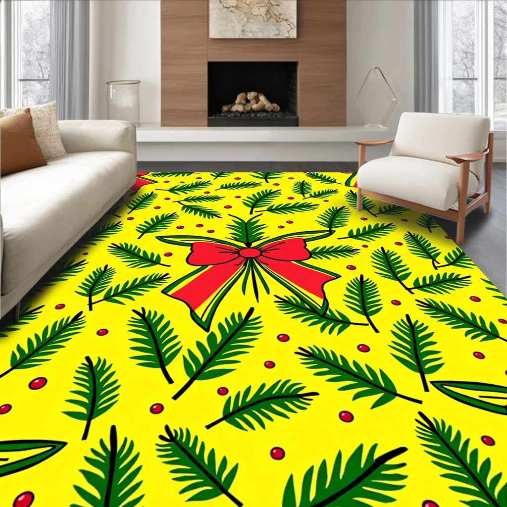 Festive Red Bow Green Pine Sprigs Rug