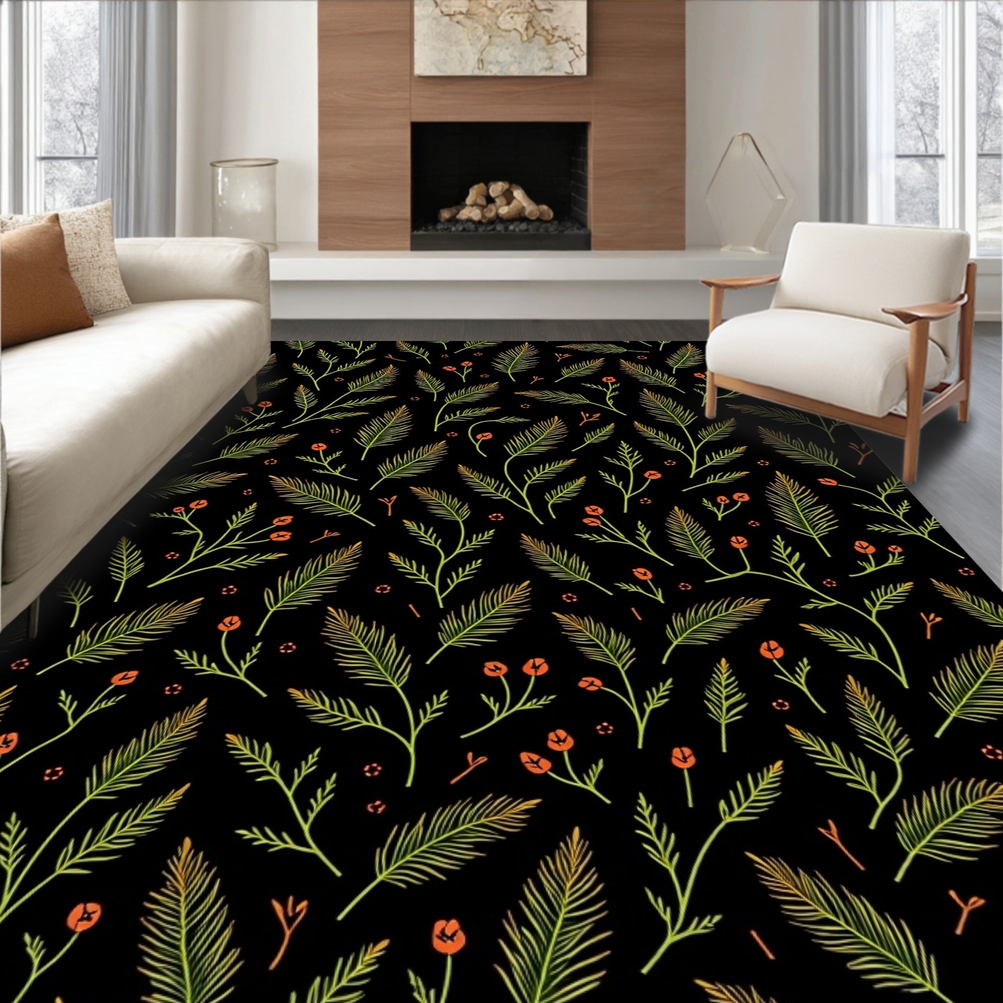 Dark Botanical Garden Leafy Branches Rug
