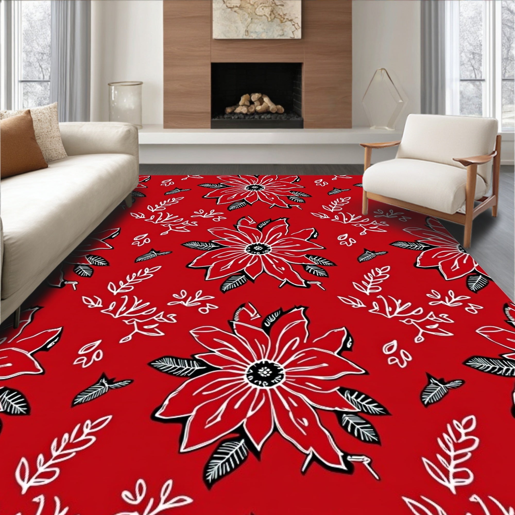Bold Red White Floral Foliage Rug