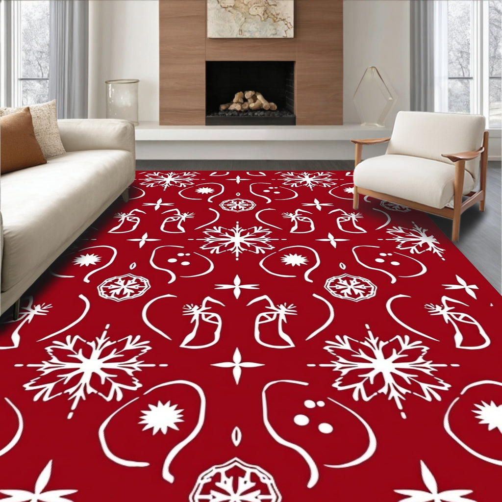 Crimson White Snowflake Holiday Folk Rug