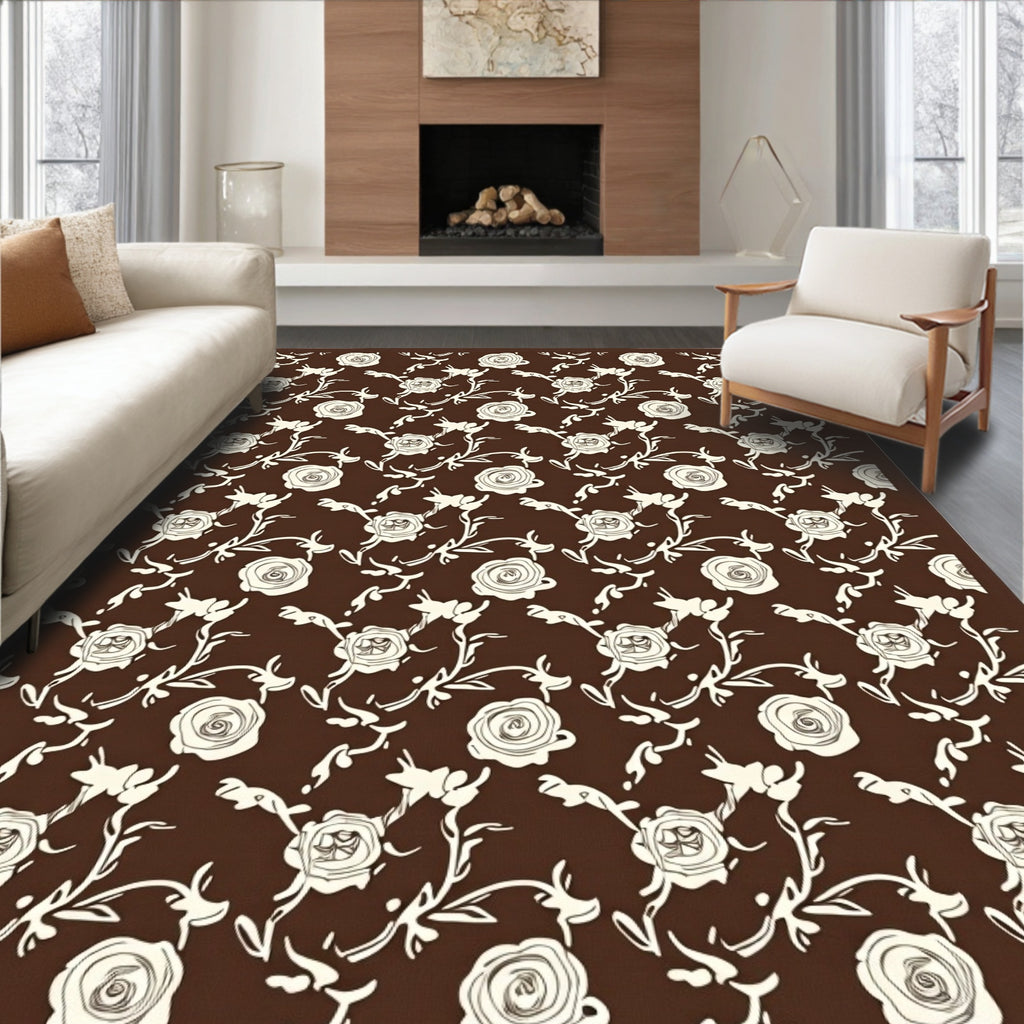 Brown Ivory Rose Vine Scroll Rug