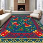 Bold Red Bell Floral Blue Rug