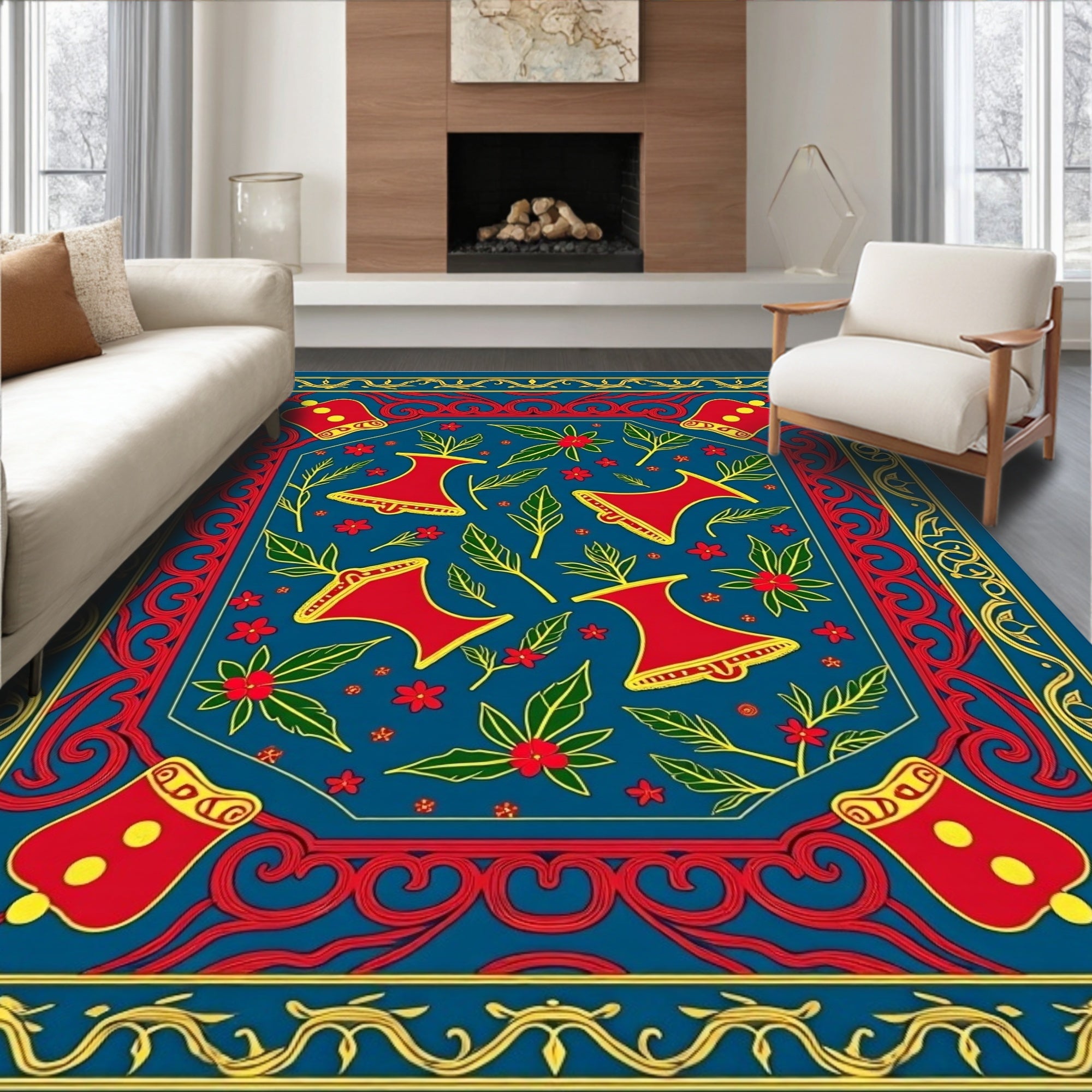 Bold Red Bell Floral Blue Rug