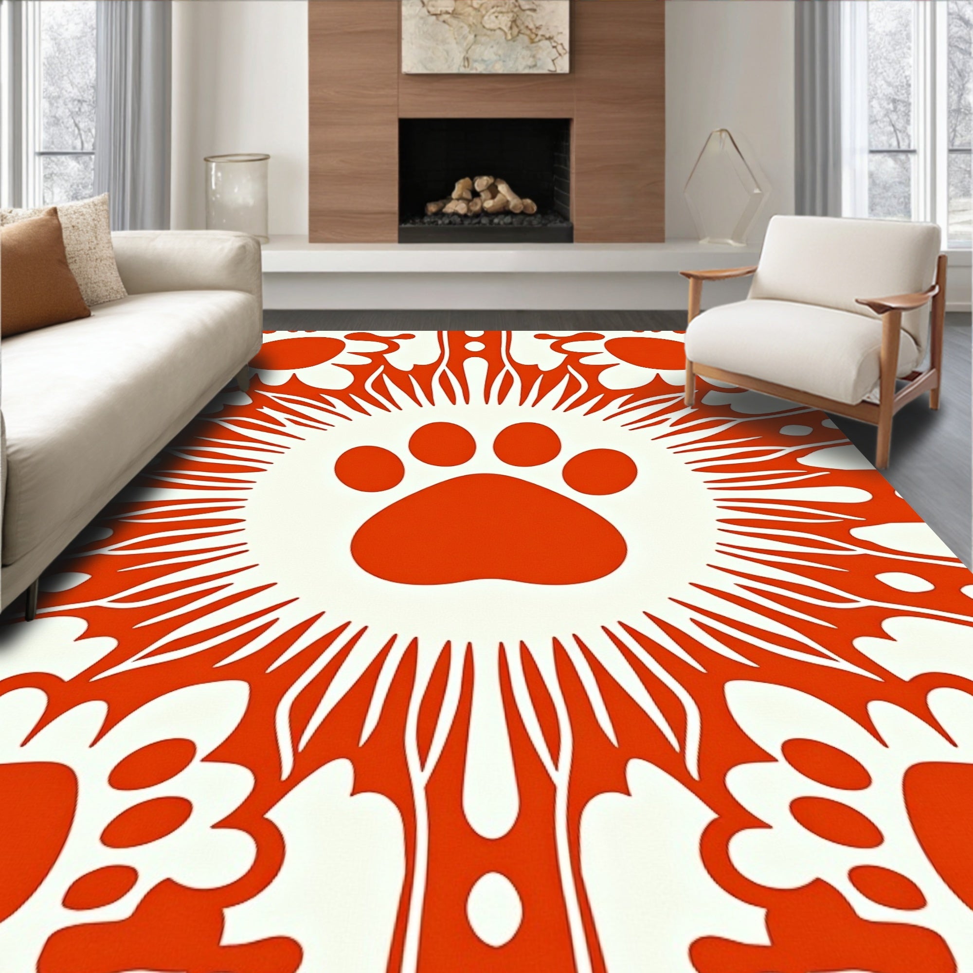 Orange Paw Print Mandala Rug
