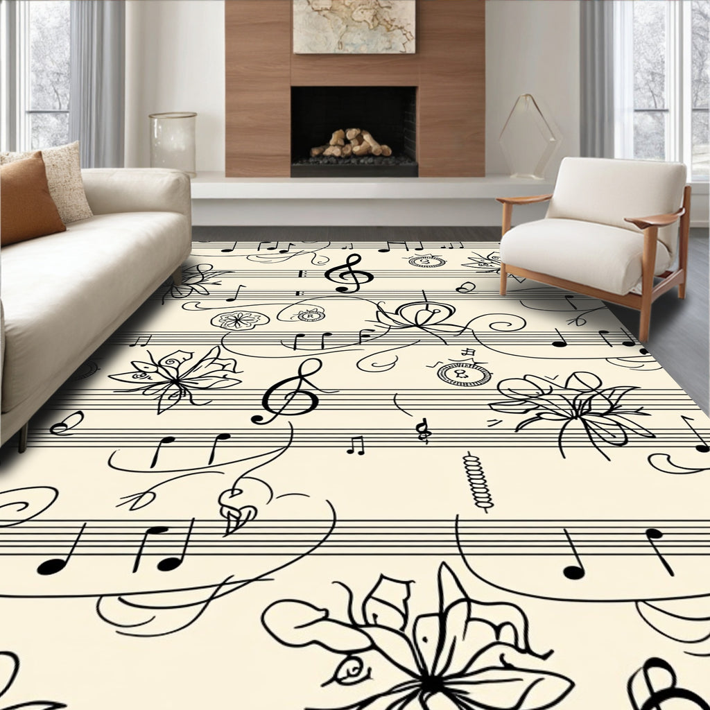 Black Musical Notes Floral Cream Background Rug
