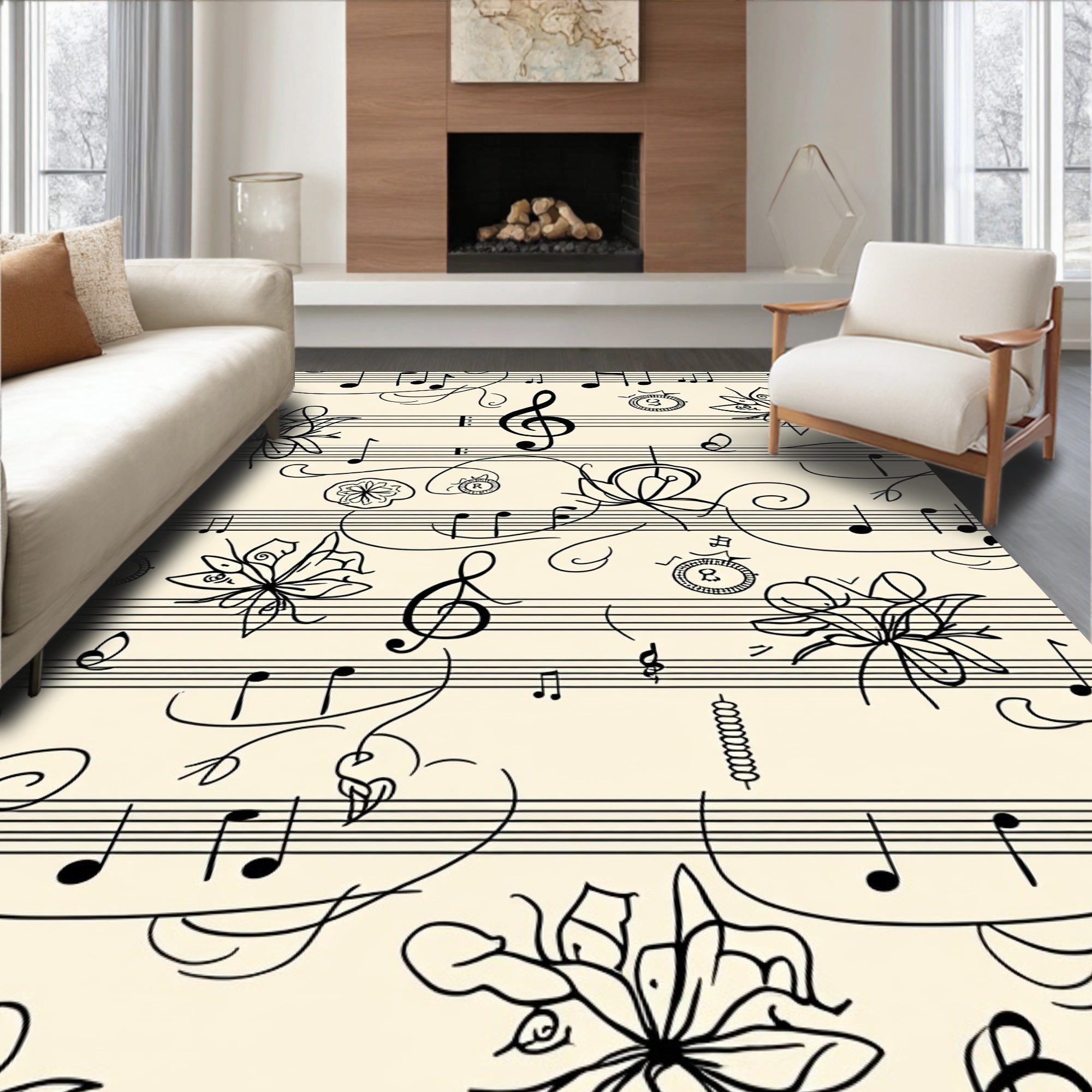 Black Musical Notes Floral Cream Background Rug