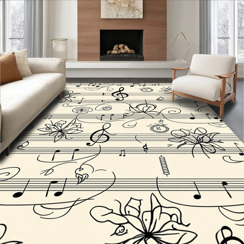Black Musical Notes Floral Cream Background Rug