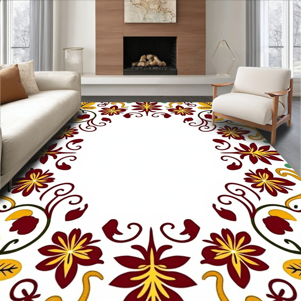 Maroon Yellow Autumn Floral Border Rug