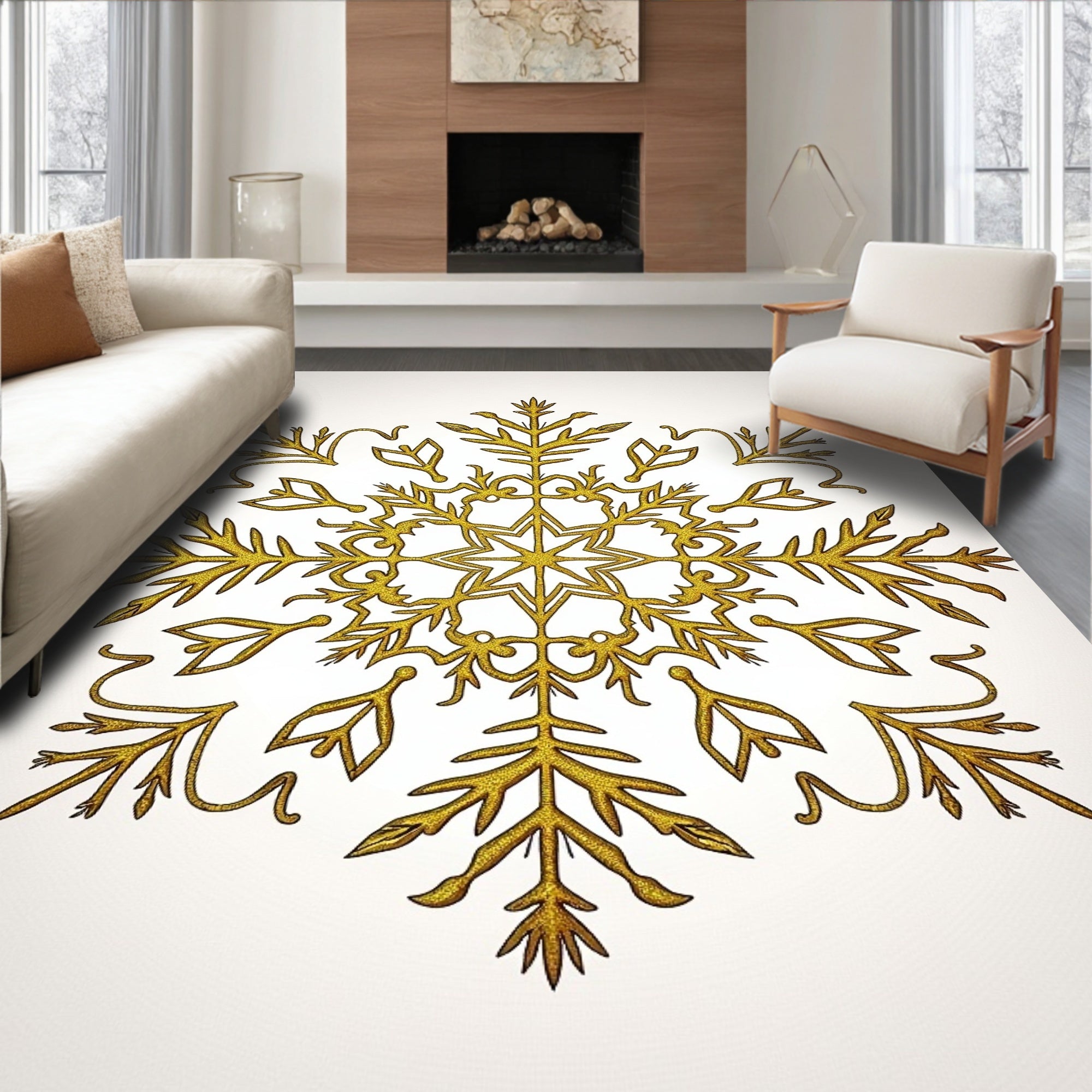 Elegant Gold Snowflake Starburst Rug