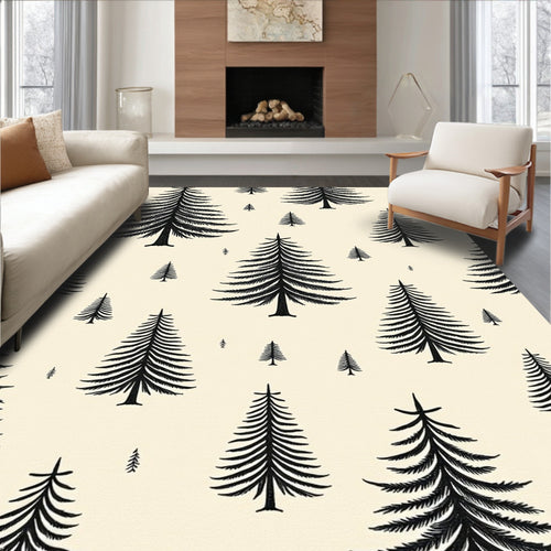 Black Evergreen Trees on Cream Rug