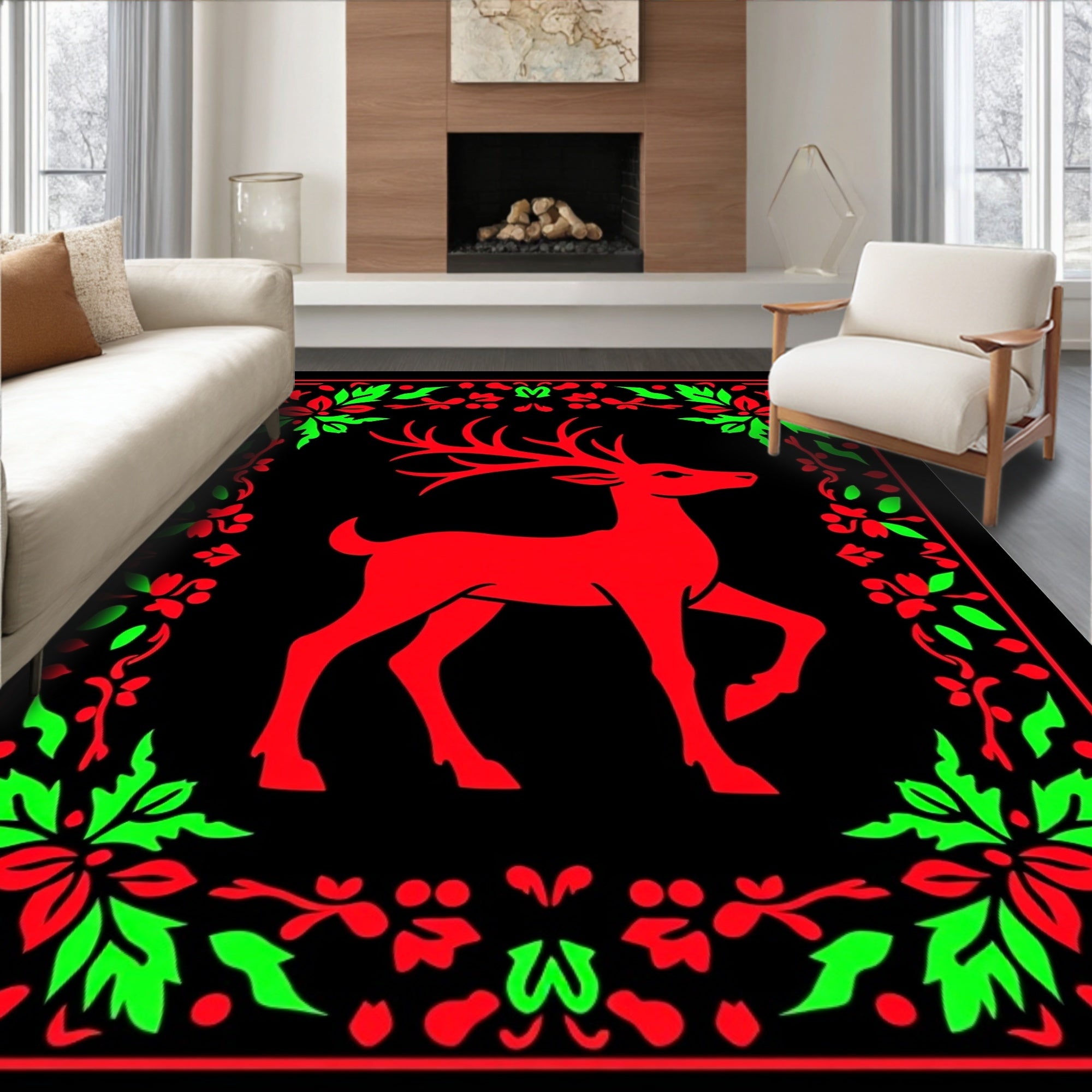 Red And Green Floral Deer Motif Rug