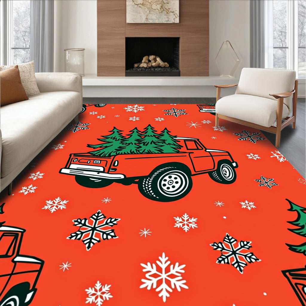 Red Orange Truck Snowflakes Collection Rug