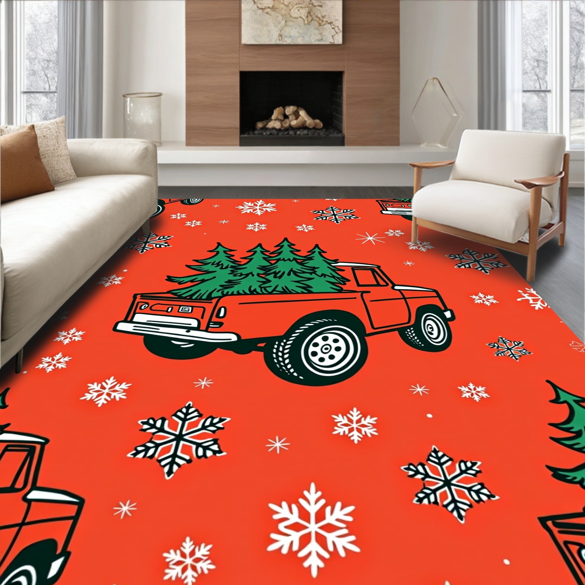 Red Orange Truck Snowflakes Collection Rug