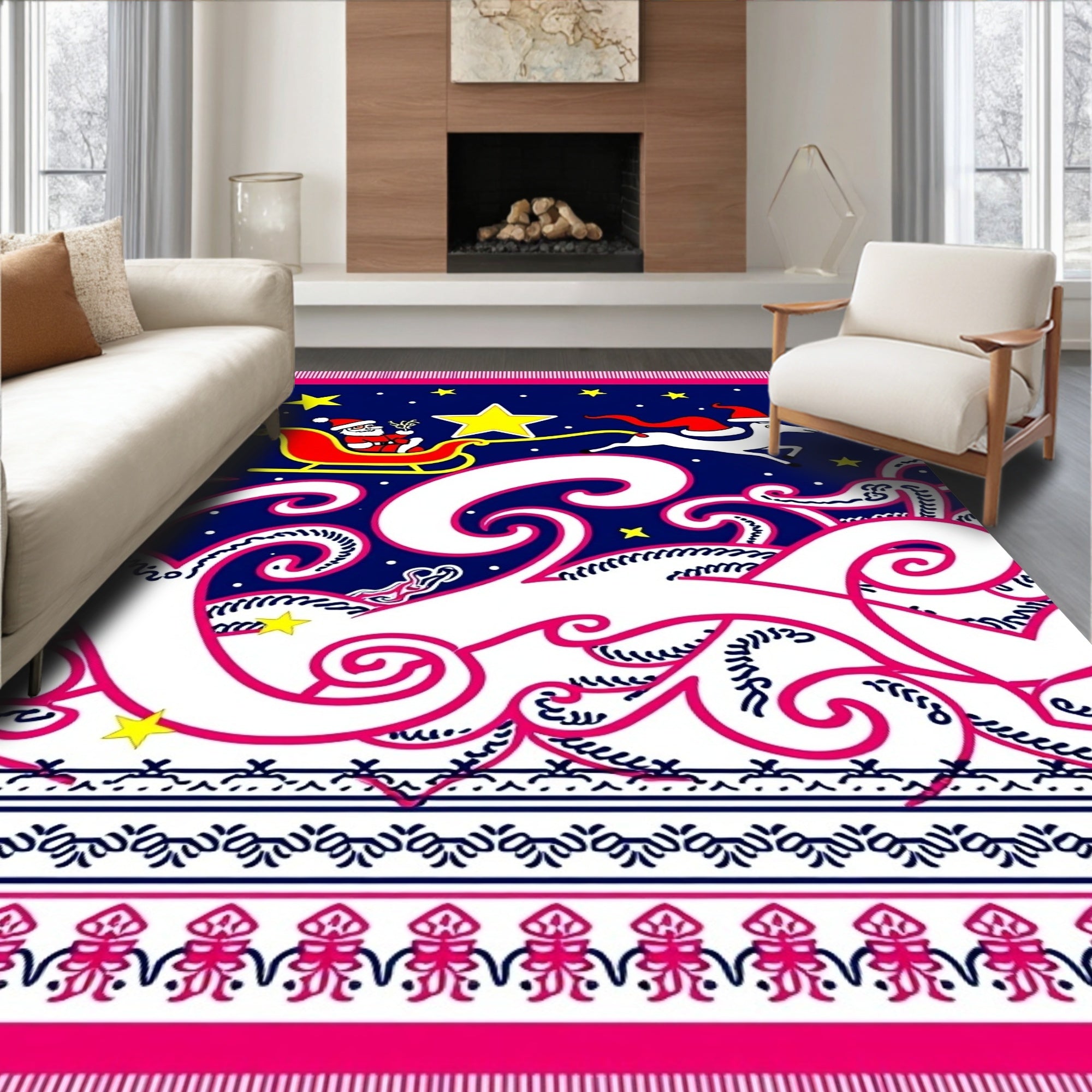 Midnight Blue Santa Sleigh Starry Night Rug