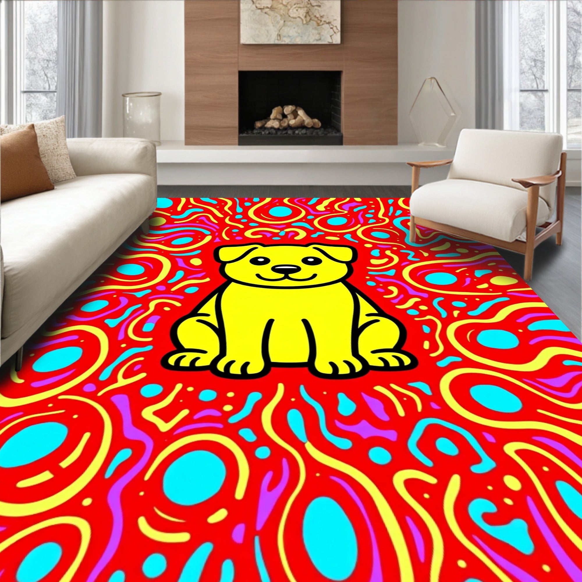 Vibrant Yellow Dog Fiesta Background Rug