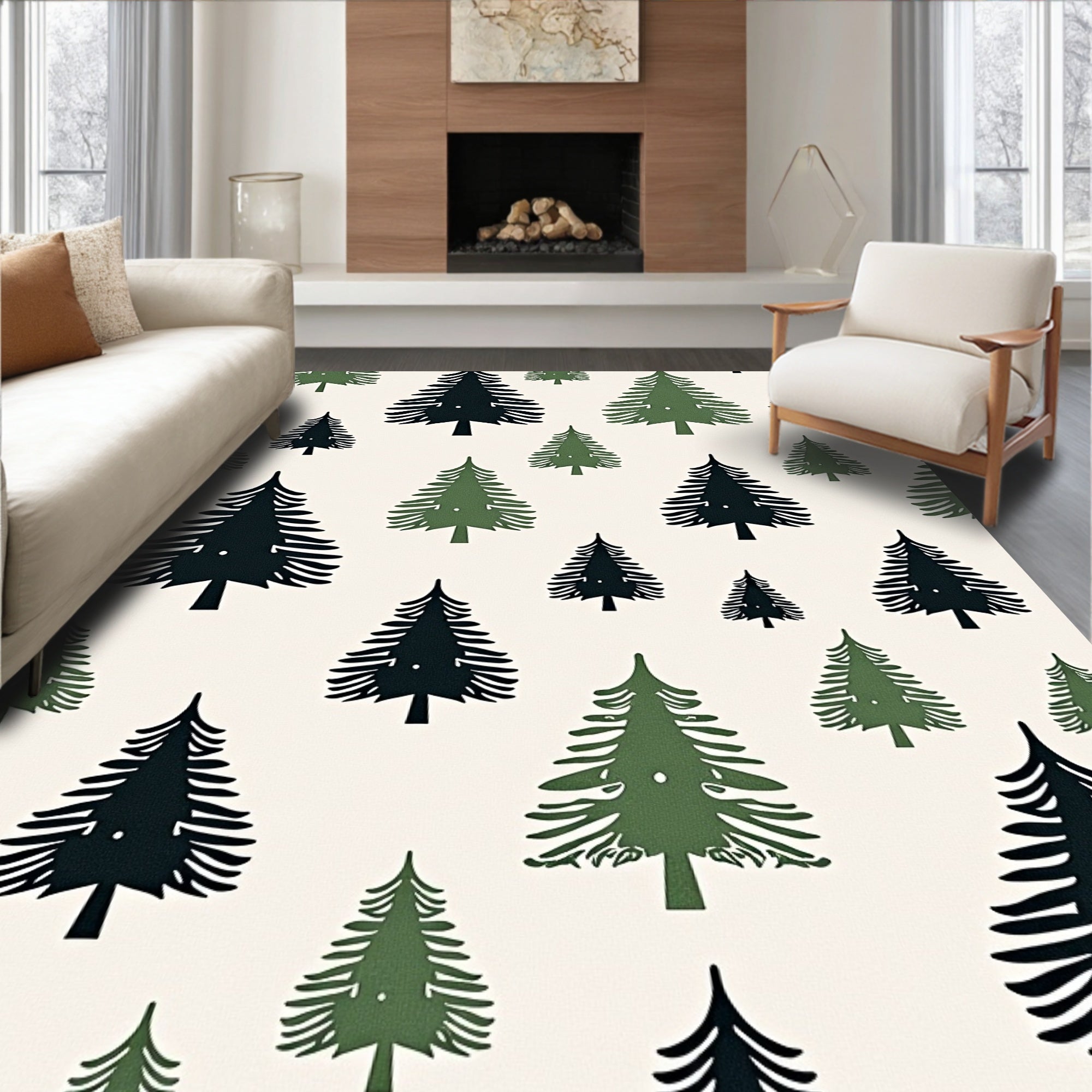 Forest Green Pine Silhouette Arrangement Rug