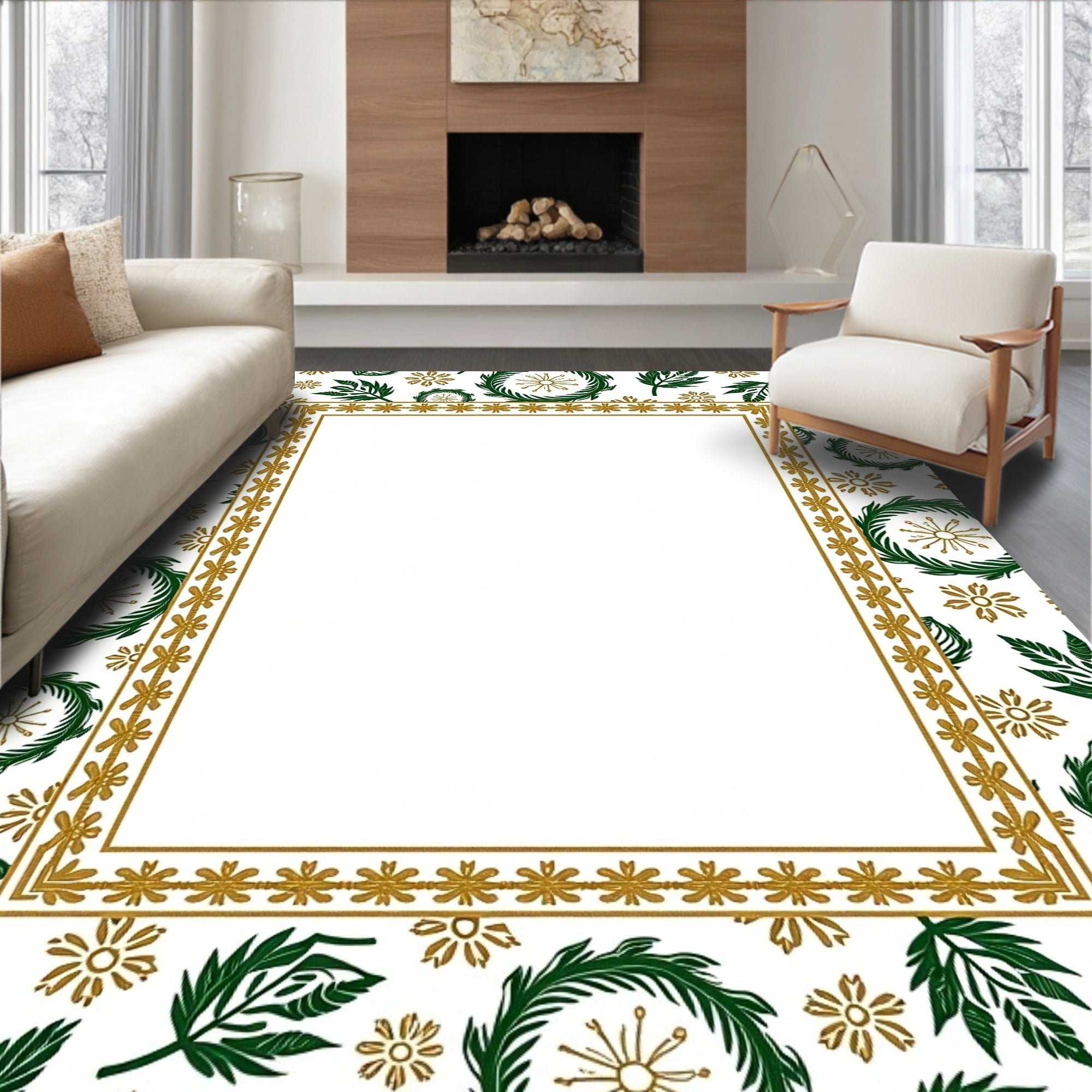 Ornate Green Leaf Wreath Border Rug