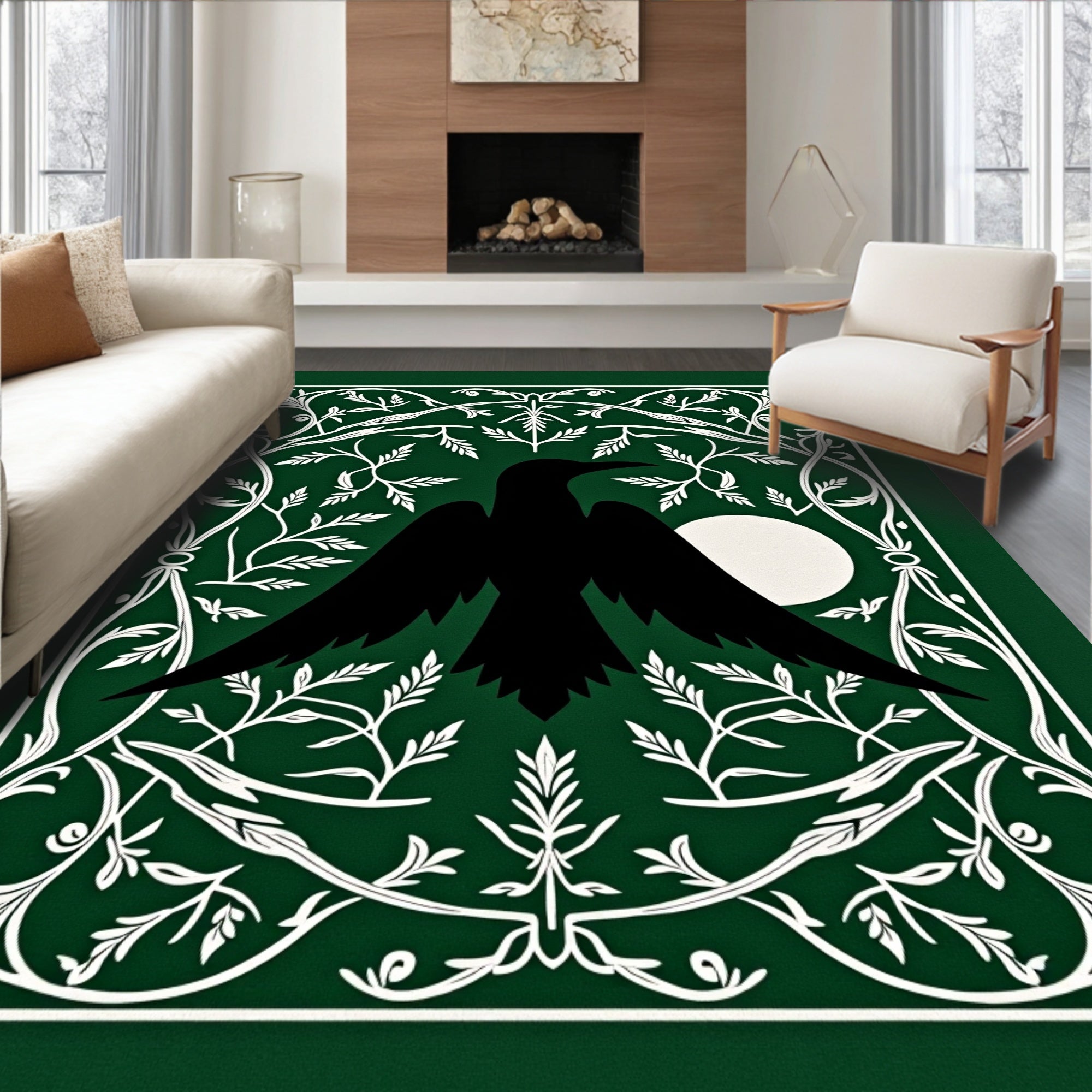 Black Crow Moon Emerald Frame Botanical Rug