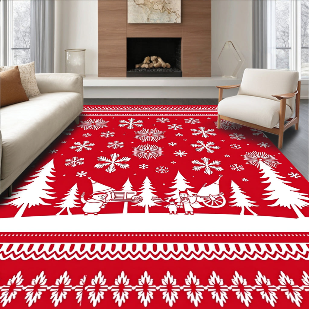 Crimson Snowflake Winter Scene Rug