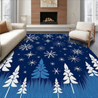 Dark Blue Snowflake and Pine Forest Rug