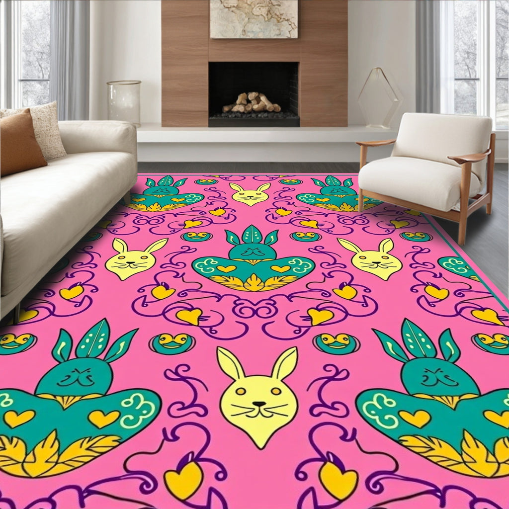 Whimsical Pink Cyan Bunny Heart Swirl Rug
