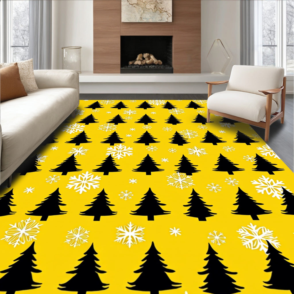 Christmas Trees Snowflakes Yellow Repeat Rug