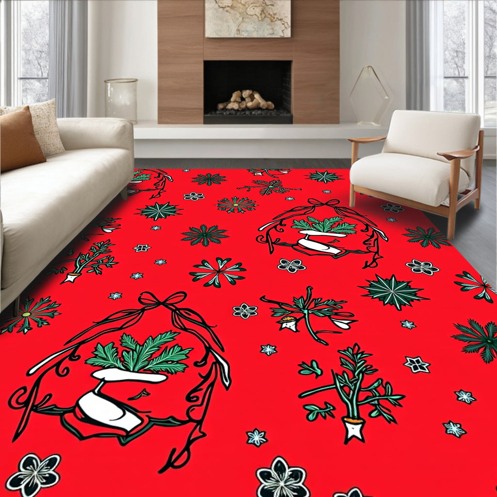Holiday Red Green Botanical Wreath Rug