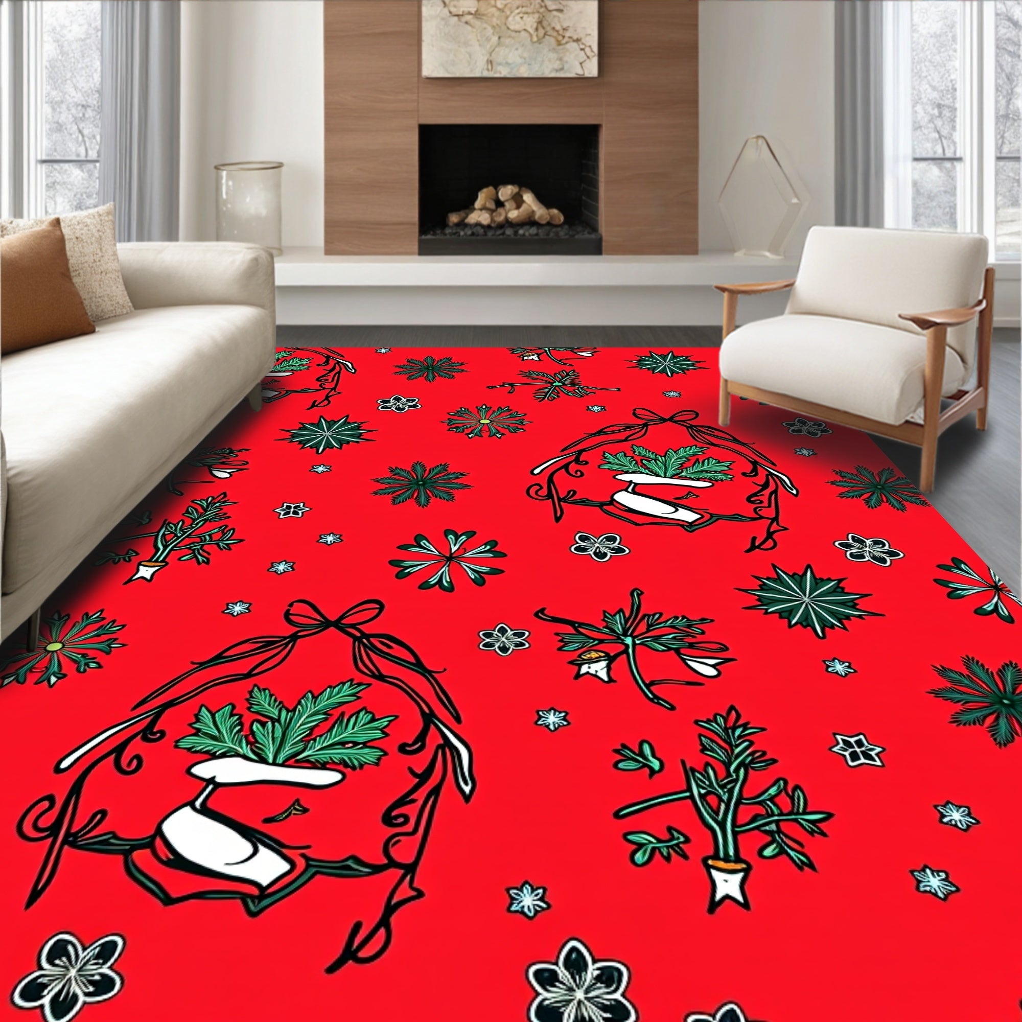 Holiday Red Green Botanical Wreath Rug