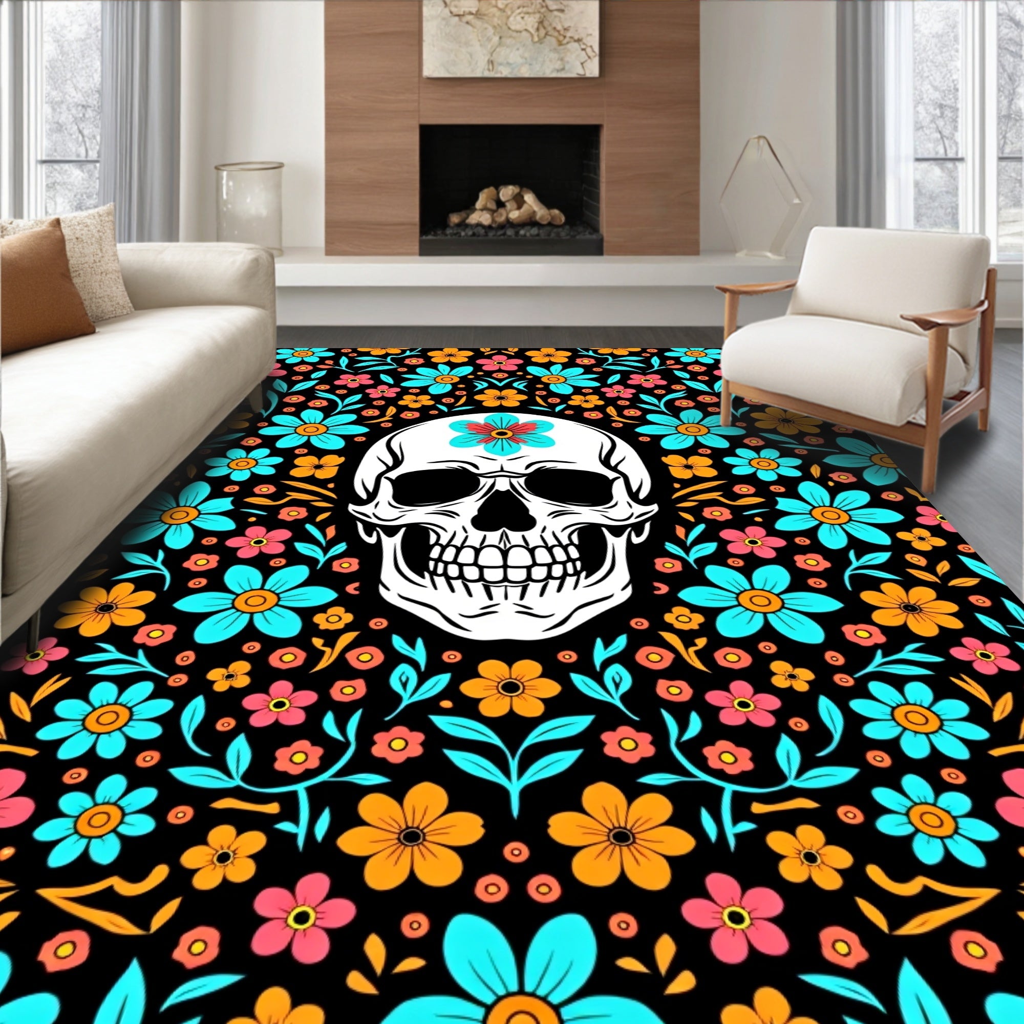 Floral Skull Bright Multicolor Rug