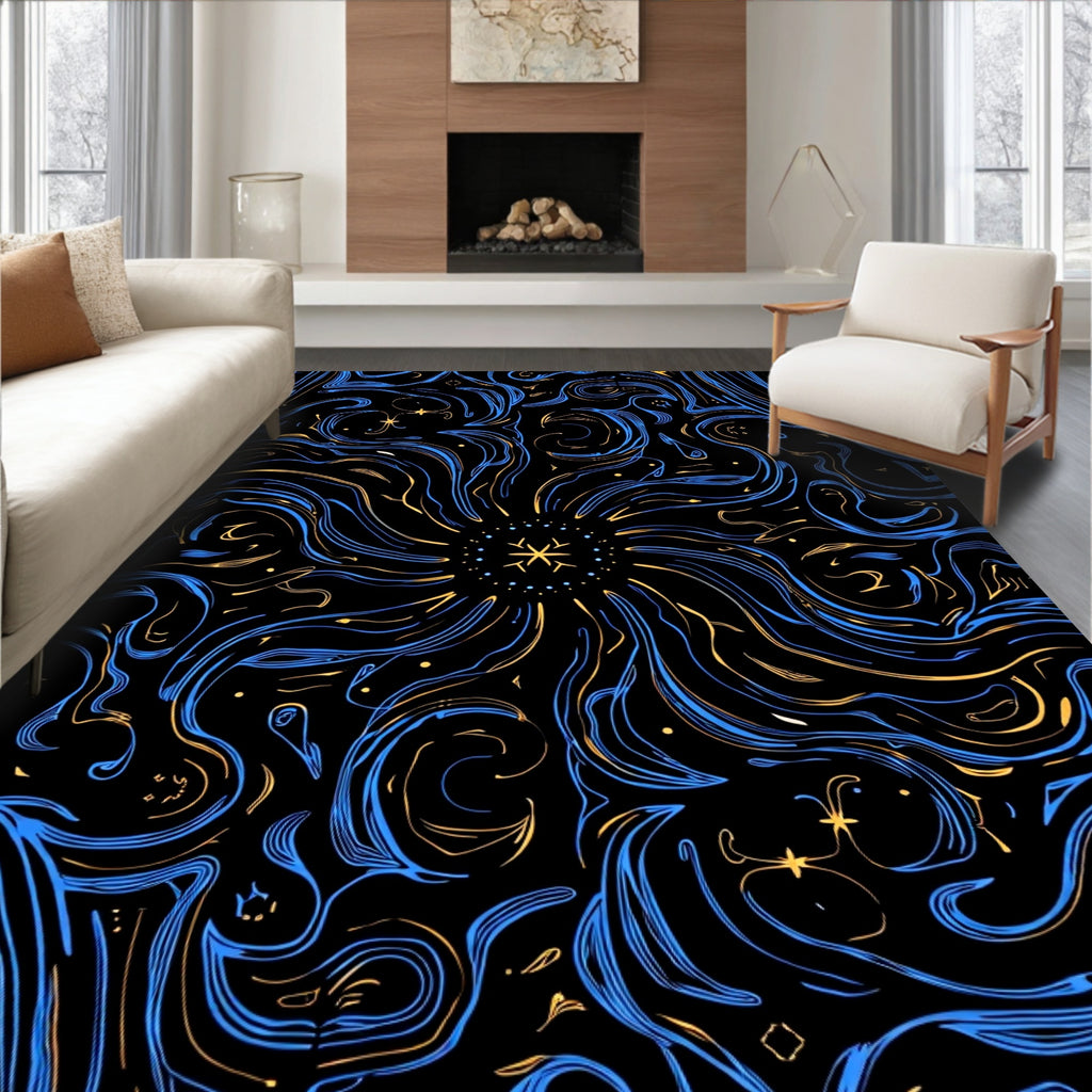 Celestial Swirl Blue Gold Starburst Rug