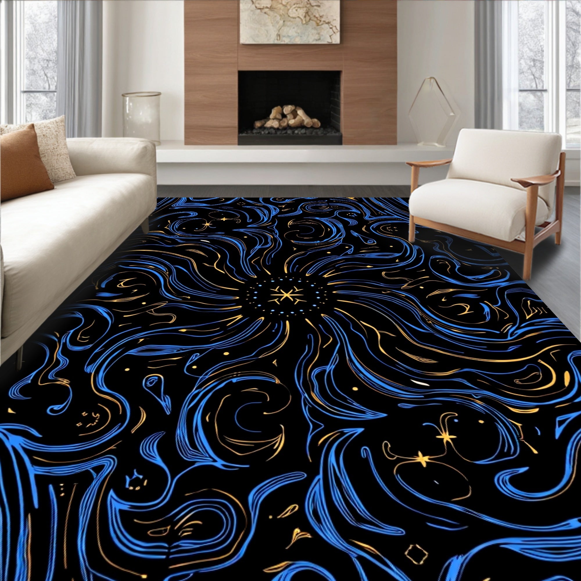 Celestial Swirl Blue Gold Starburst Rug