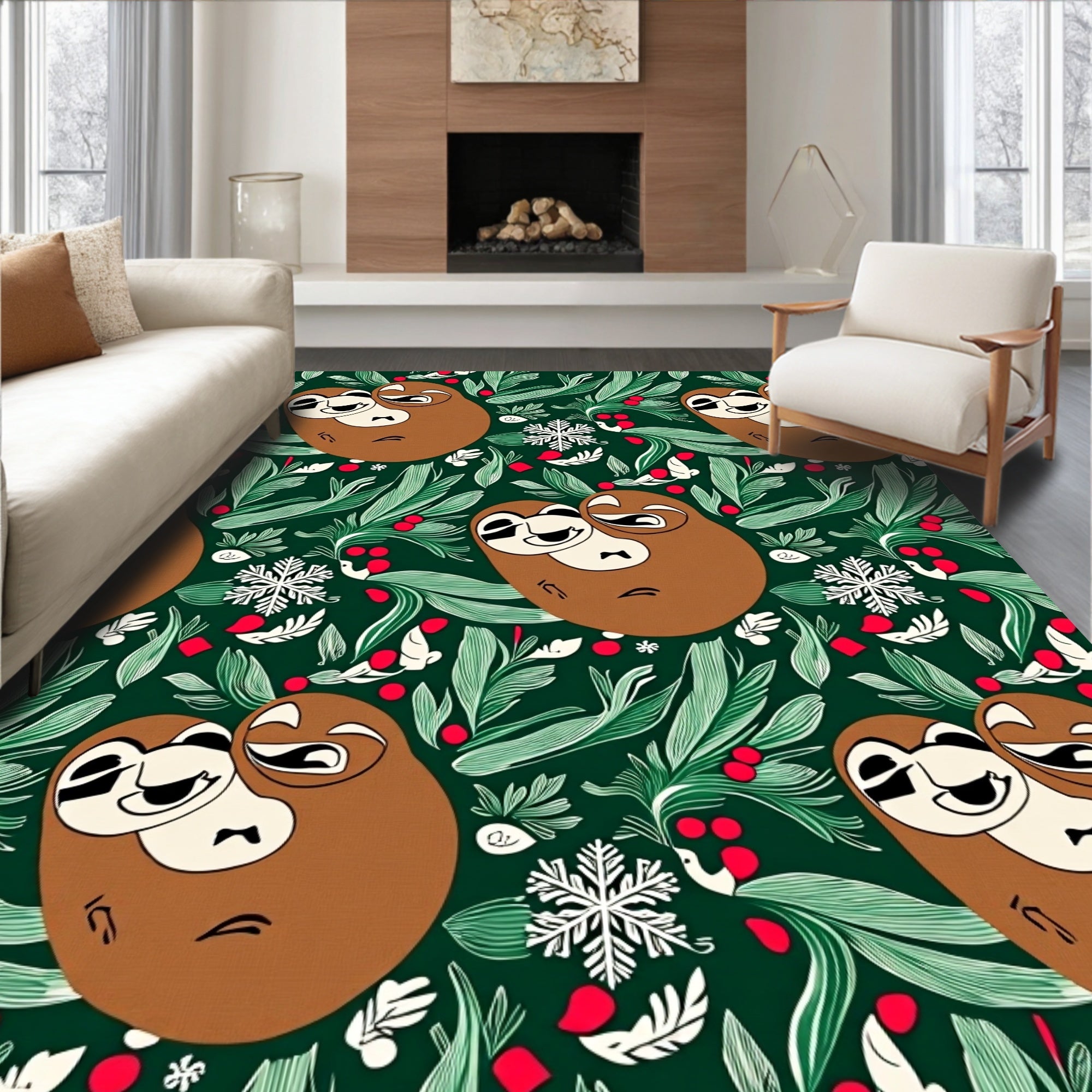 Whimsical Brown Sloth Greenery Holly Rug