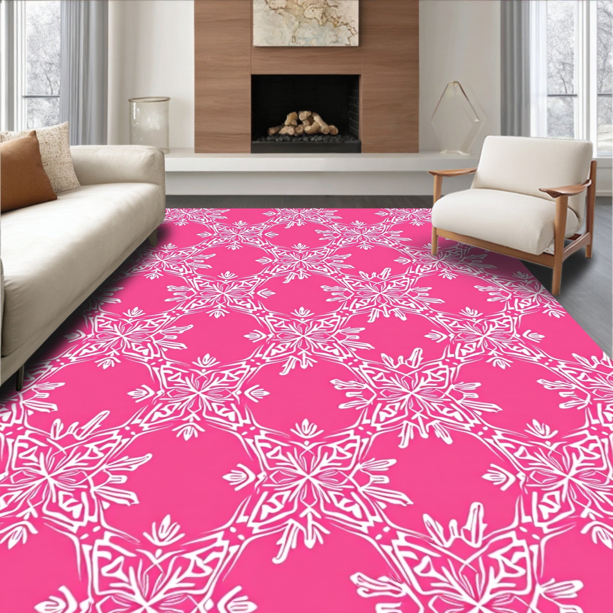 Pink White Intricate Floral Medallion Rug